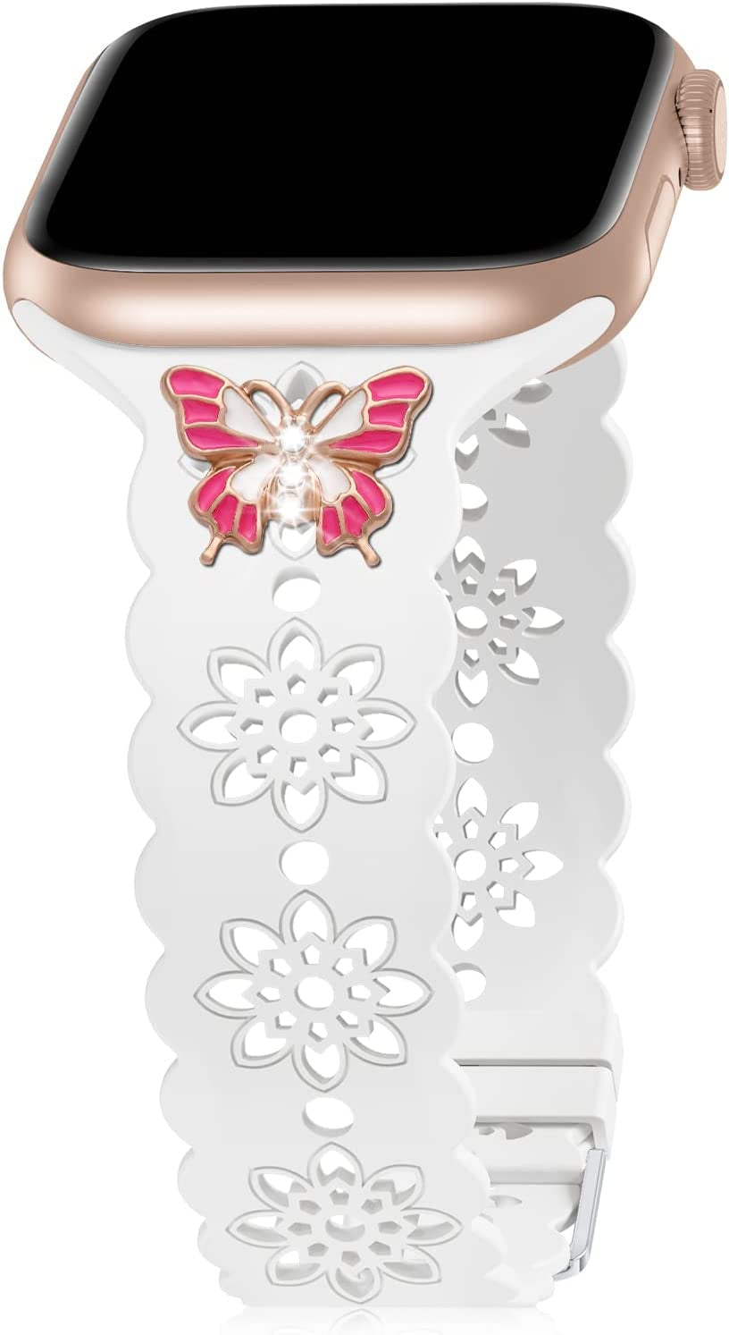 Floral Silicone Band Compatible with Apple Watch Bands 38Mm 40Mm 42Mm 44Mm 41Mm 45Mm 49Mm Women Men, Slim Hollow-Out Design Wristbands Soft Sport Breathable Watch Bands for Iwatch Ultra SE Series 8/7/6/5/4/3/2/1  Wewatri White with Red Magic Butterfly 38mm/40mm/41mm 