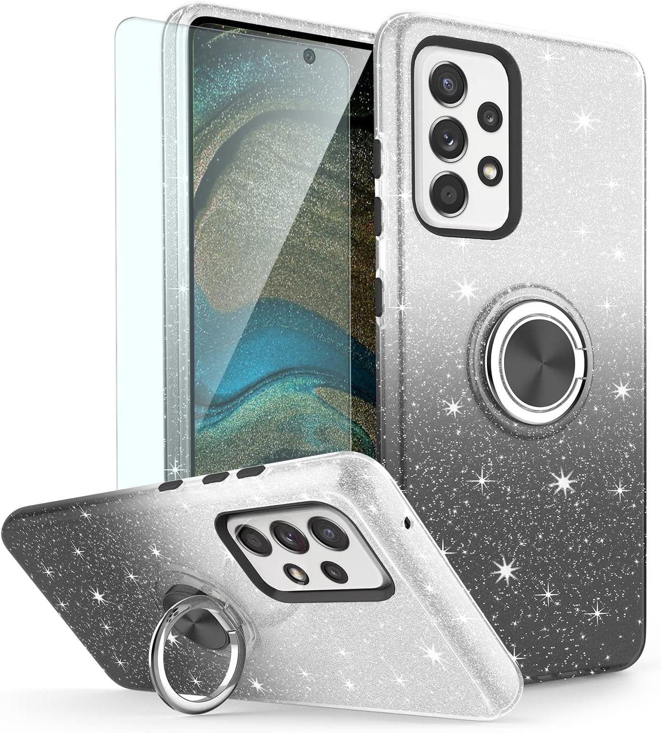 TJS Compatible with Samsung Galaxy A53 5G Case, with Tempered Glass Screen Protector, Metal Ring Magnetic Support Kickstand Tone Shinny Glitter Girls Women Protector Phone Case (Purple)  TJS Black  