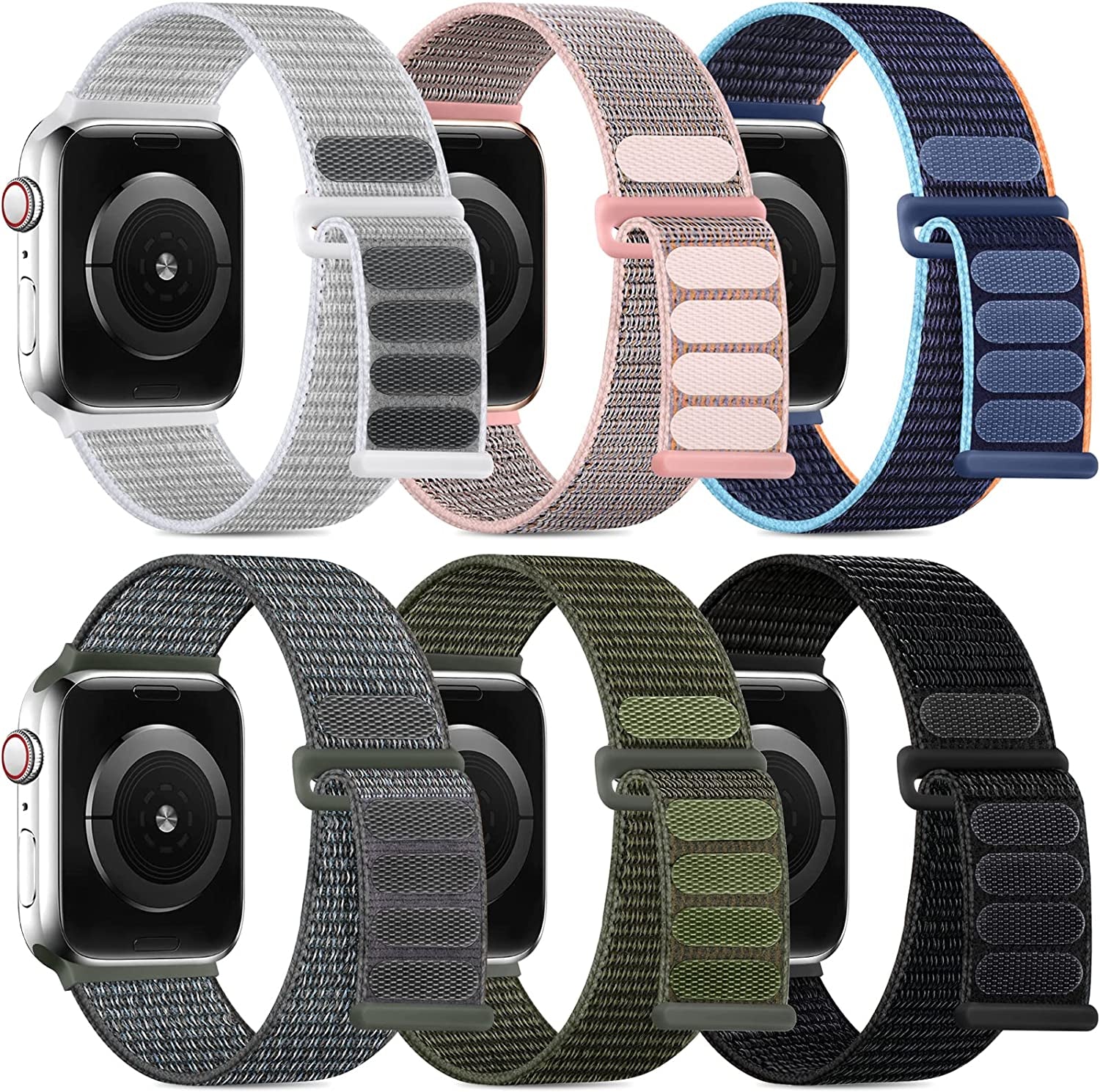 WJK 6 Pack Stretchy Nylon Solo Loop Bands Compatible with Apple Watch 38Mm 40Mm 41Mm 42Mm 44Mm 45Mm 49Mm Women Men, Adjustable Braided Sport Elastic Wristband for Iwatch Ultra SE Series 8 7 6 5 4 3 2 1  WJK Black/Navy Blue/Army Green/Pink Sand/Light Gray/Storm Gray 42mm/44mm/45mm/49mm 