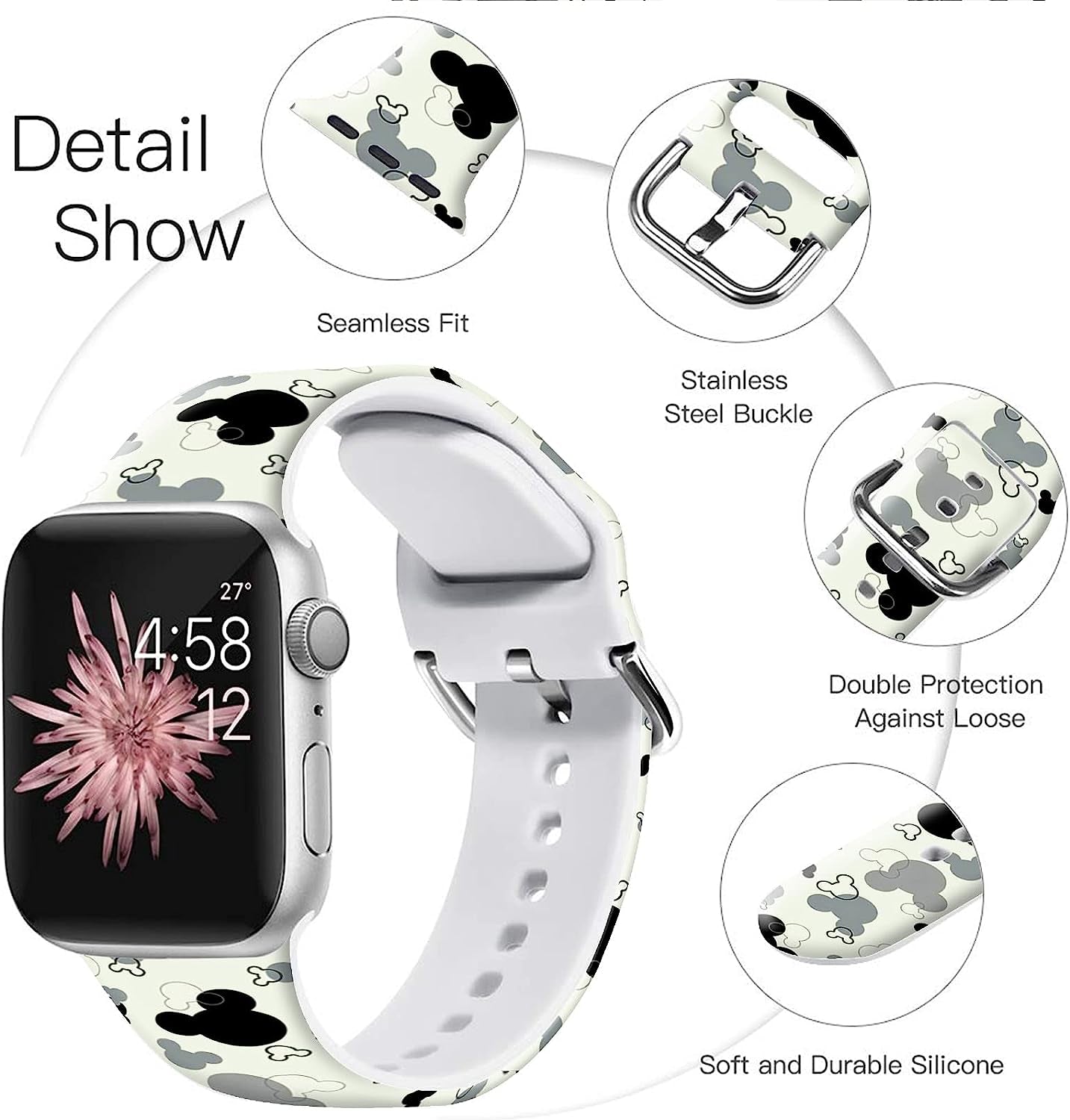 FTFCASE Silicone Floral Bands Compatible with Apple Watch 49Mm 45Mm 44Mm 42Mm, Gray Pattern Printed Soft Silicone Sport Strap Replacement for Iwatch SE Series 8 7 6 5 4 3 2 1 for Women Men Girls  FTFCASE   