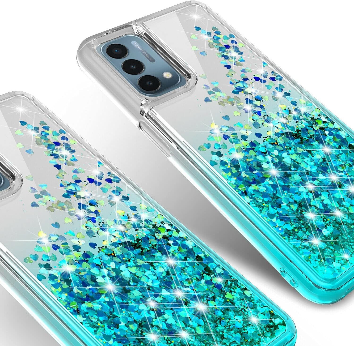 Case for Oneplus Nord N200 5G with Tempered Glass Screen Protector Sparkle Glitter Flowing Liquid Quicksand for Women Girls Cute Phone Case Cover - Aqua/Clear  Galaxy Wireless   