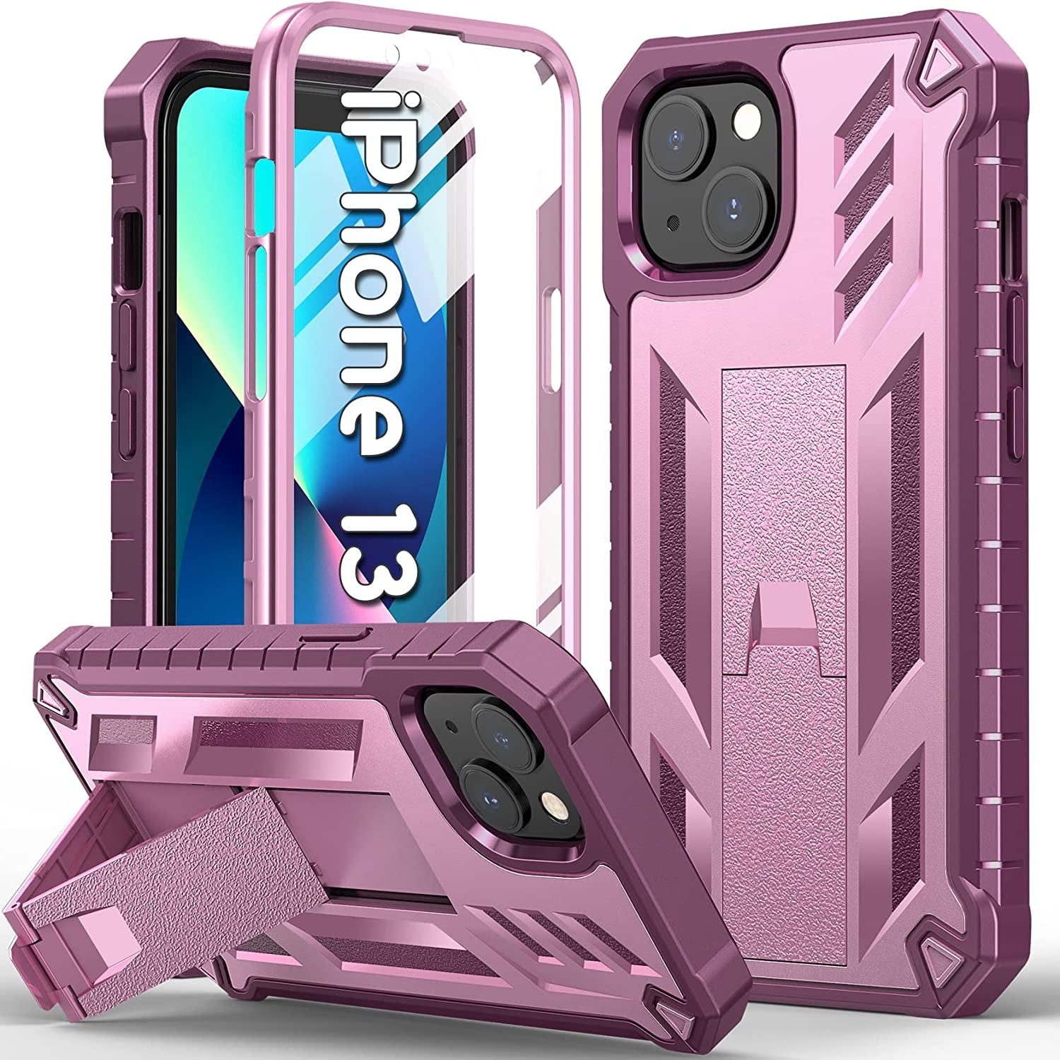 For Iphone 13-14 Case Protective Cover: Heavy Duty Military Grade Hard Protection with Belt Clip | Shock Proof Grip Durable Design Iphone 13 Cell Phone Case with Built-In Kickstand (Belt-Clip Black)  DAMAI Pink Rose  