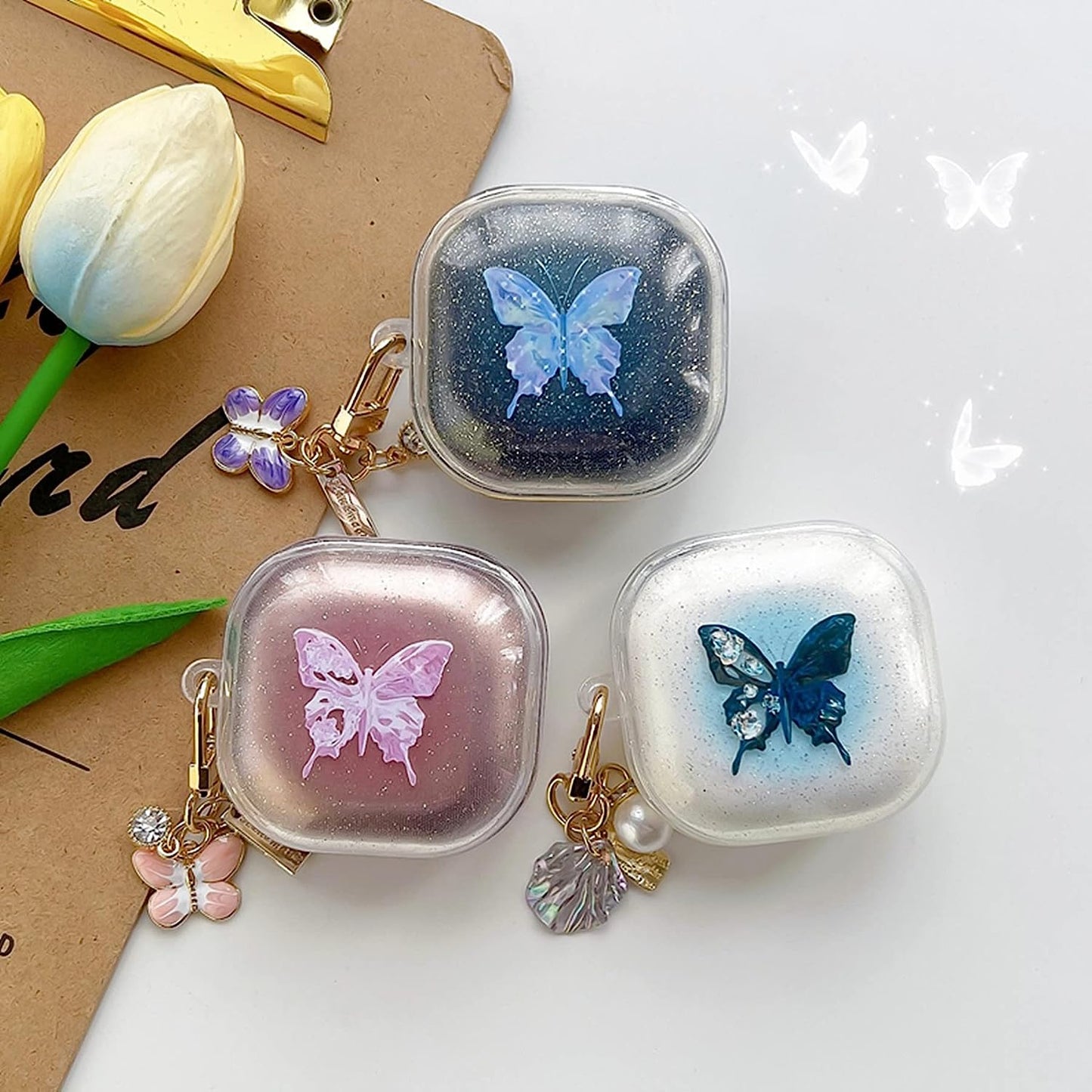 AOLABOKY Earphone Case for Samsung Galaxy Buds Live/Buds Pro/Buds 2/Buds2 Pro Charging Box,Beautiful Butterfly Shiny Transparent Headset Protective Case with Keychain (Purple)  AOLABOKY   