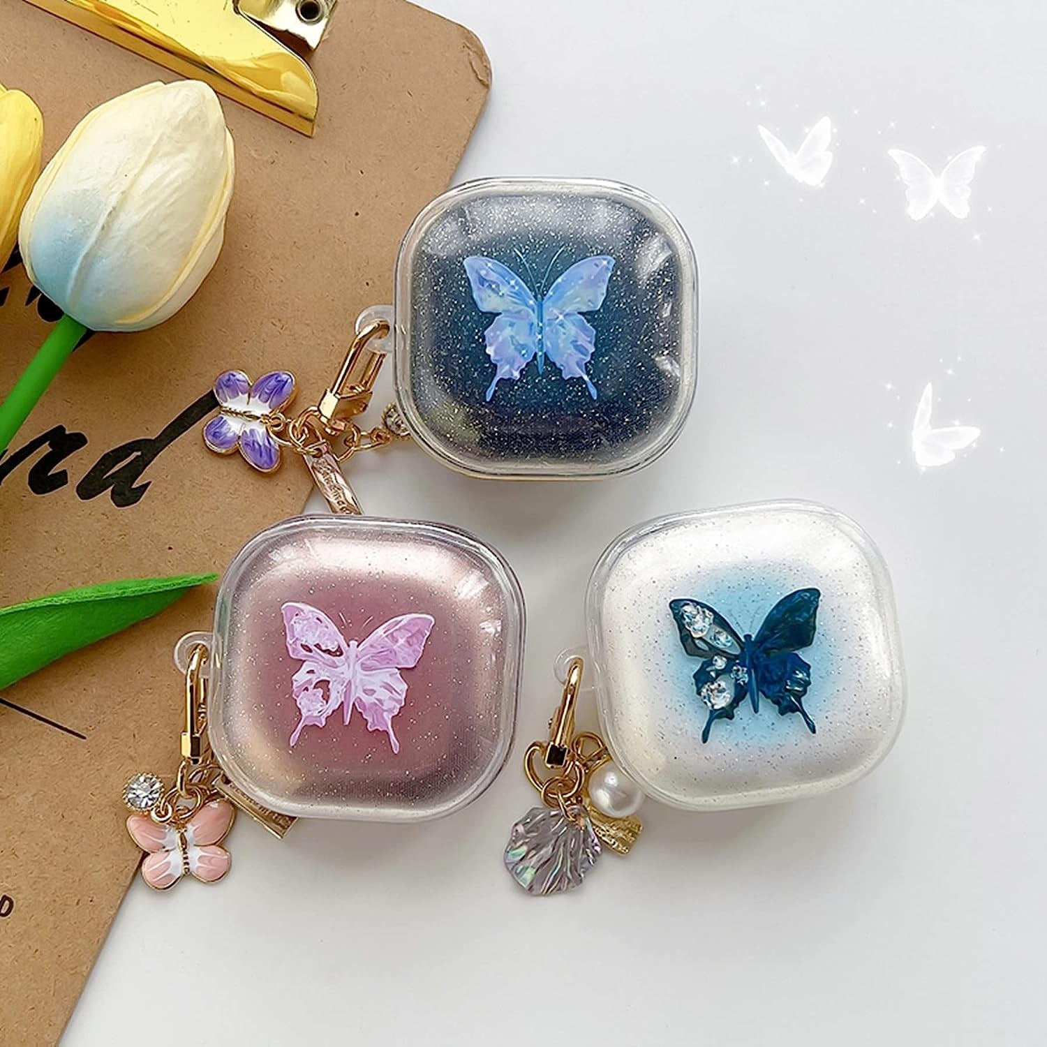 AOLABOKY Earphone Case for Samsung Galaxy Buds Live/Buds Pro/Buds 2/Buds2 Pro Charging Box,Beautiful Butterfly Shiny Transparent Headset Protective Case with Keychain (Purple)  AOLABOKY   