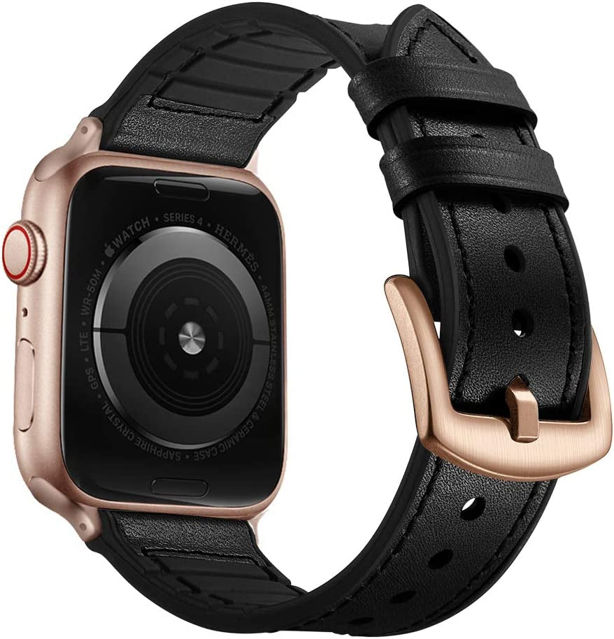 OUHENG Compatible with Apple Watch Band 49Mm 45Mm 44Mm 42Mm, Sweatproof Genuine Leather and Rubber Hybrid Band Strap for Iwatch Ultra Series 8 7 6 5 4 3 2 1 SE2 SE, Brown Band with Black Adapter  OUHENG Black/Rose Gold 41mm/40mm/38mm 