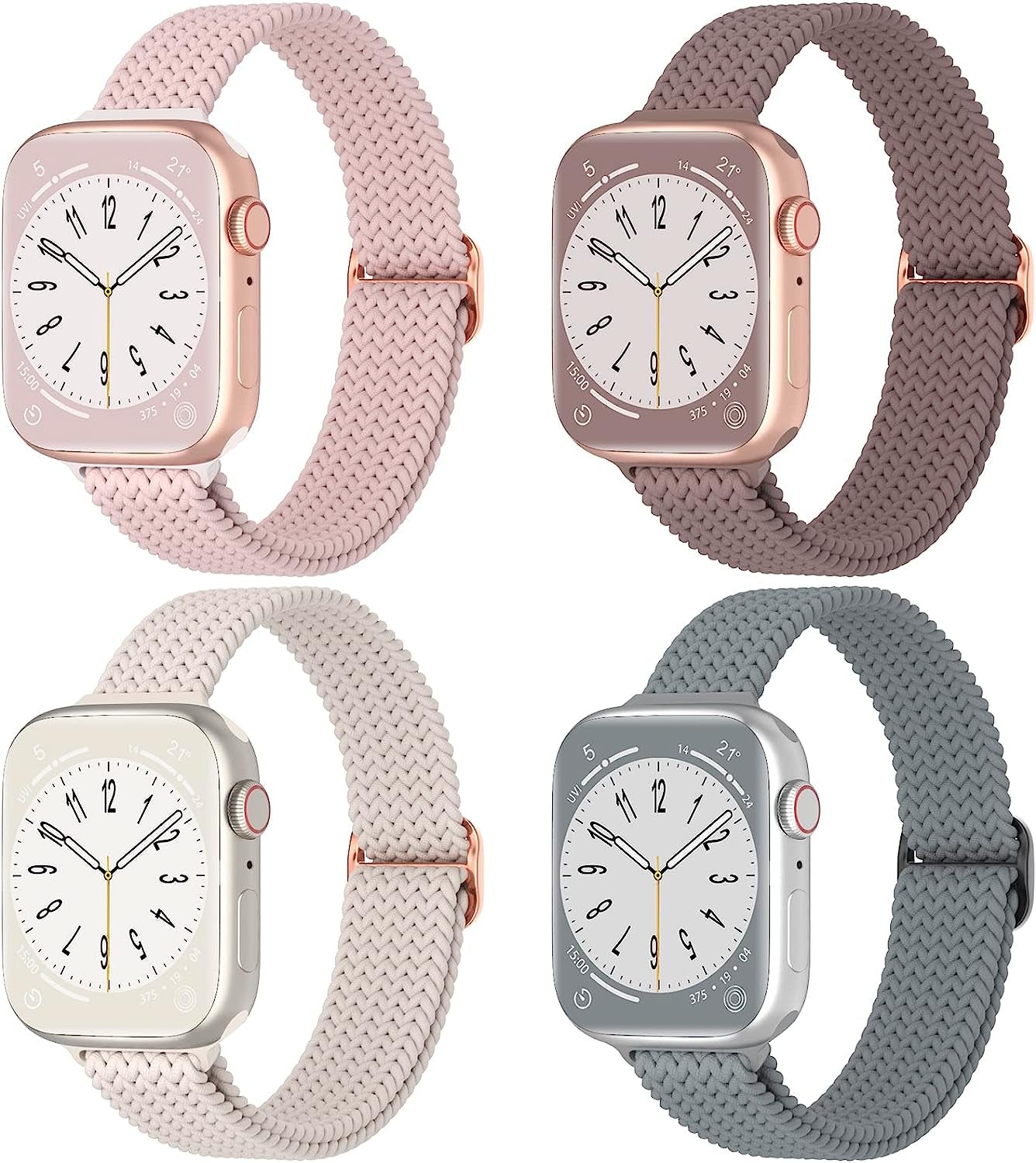DYKEISS 4 Pack Slim Braided Solo Loop Bands Compatible for Apple Watch Band 38Mm 42Mm 40Mm 44Mm 41Mm 45Mm 49Mm, Stretch Nylon Elastic Thin Strap for Iwatch Ultra Series 8/7/SE/6/5/4/3/2/1 Women & Men  DYKEISS Sand Pink/Smoke Violet/Starlight/Blue Grey 38/40/41mm 