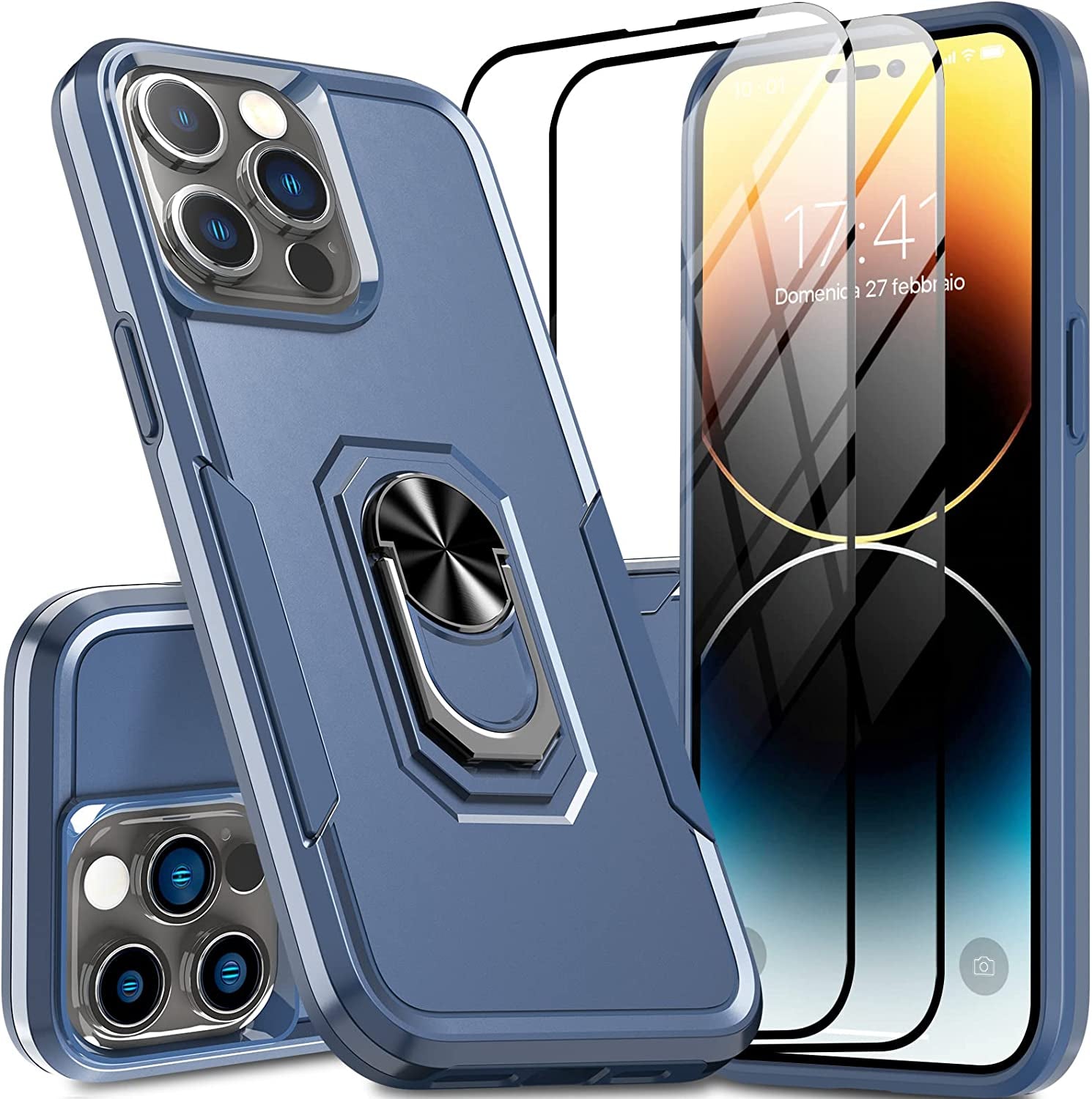 Oterkin for Iphone 14 Pro Case,Iphone 14 Pro Phone Case with [360°Rotatable Stand Ring][2Pcs 9H HD Tempered Glass Screen Protector][10Ft Military Grade Shockproof] Case for Iphone 14 Pro (Blue)  Oterkin Blue Iphone 14 Pro Max 