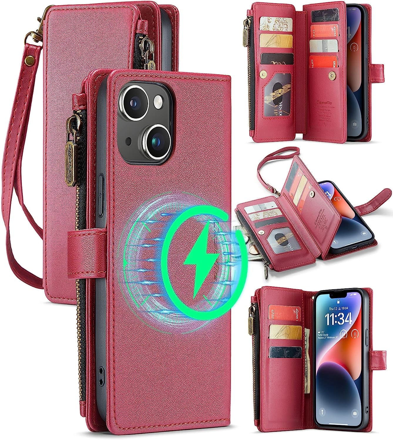 FLIPALM Wallet Case for Iphone 14 Pro(6.1") Flip Case,Compatible with Magsafe Charger,Pu Leather Zipper Protective Lanyard Strap Wristlet Case with Magnetic Closure and Card Holder Luxury Coffee  FLIPALM Rose Red iPhone 14 Plus 