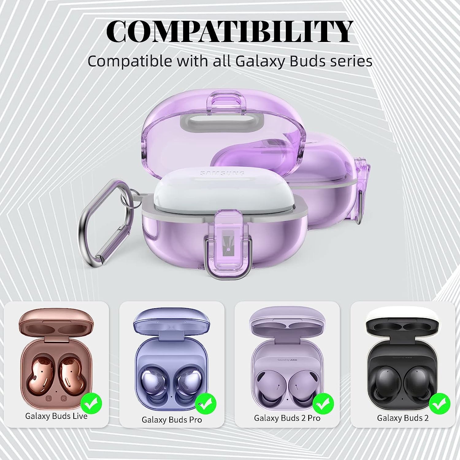 WOFRO [Secure Lock] Clear Case for Samsung Galaxy Buds 2 Pro/Galaxy Buds 2/Galaxy Buds Pro/Galaxy Buds Live Earbuds, Shock-Absorbing Protective Cover Skin Hard with Carabiner & Lanyard(Clear Purple)  WOFRO   