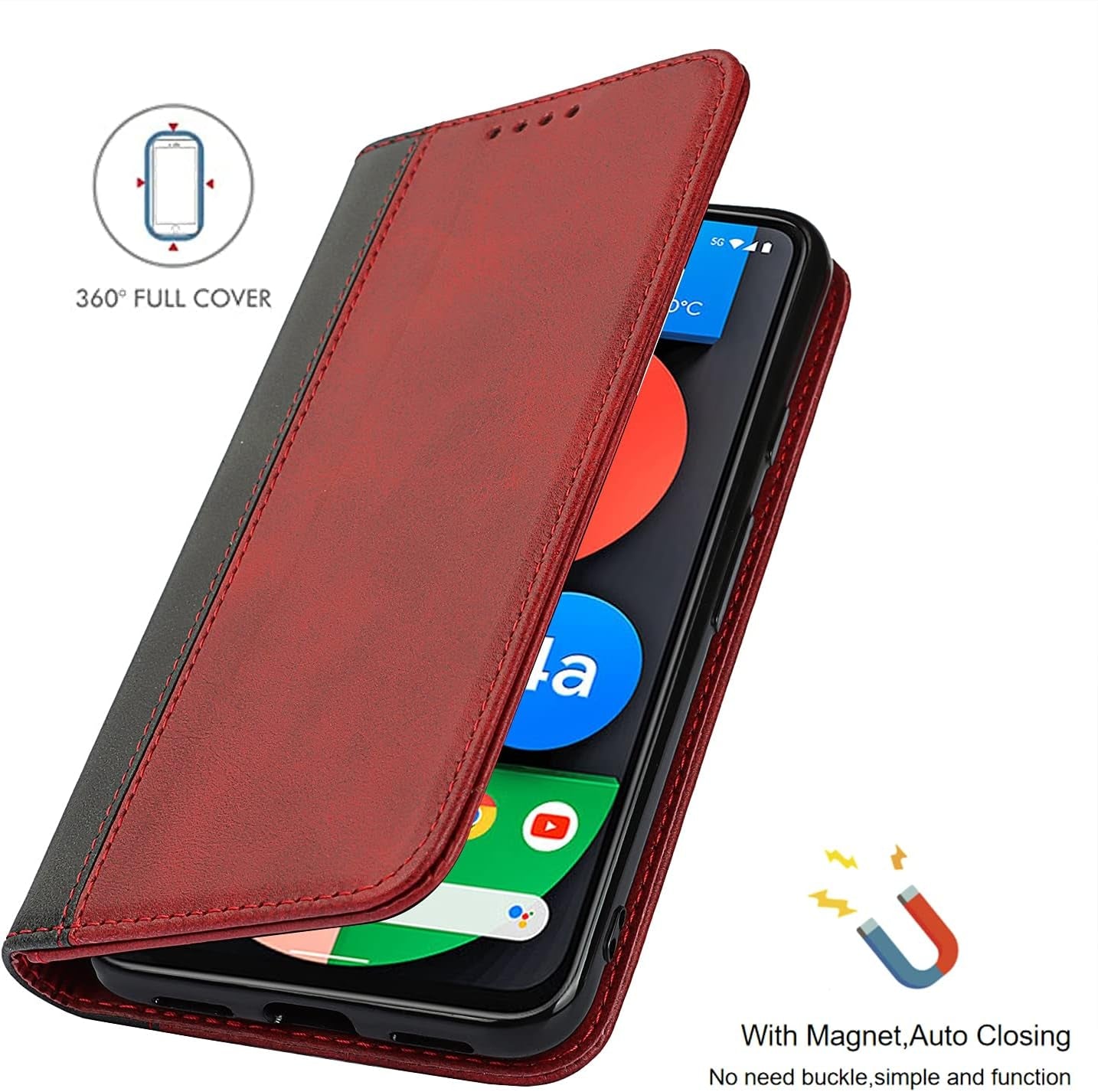 Jaorty Google Pixel 5 Wallet Case,Pixel 5 Folio Flip Case,Id&Credit Cards Slots Holder Pocket PU Leather Stand Feature and Strong Built-In Magnet Shockproof Case for Google Pixel 5,Red+Black  Jaorty   
