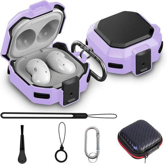 Armor Cover Case for Samsung Galaxy Buds Pro Case / Galaxy Buds Live Case / Galaxy Buds 2 Case [With Security Lock], Silicone+Hard PC Shockproof Case with Keychain/Straps/Ring/Cleaning Brush(Purple)  AIBEAMER   