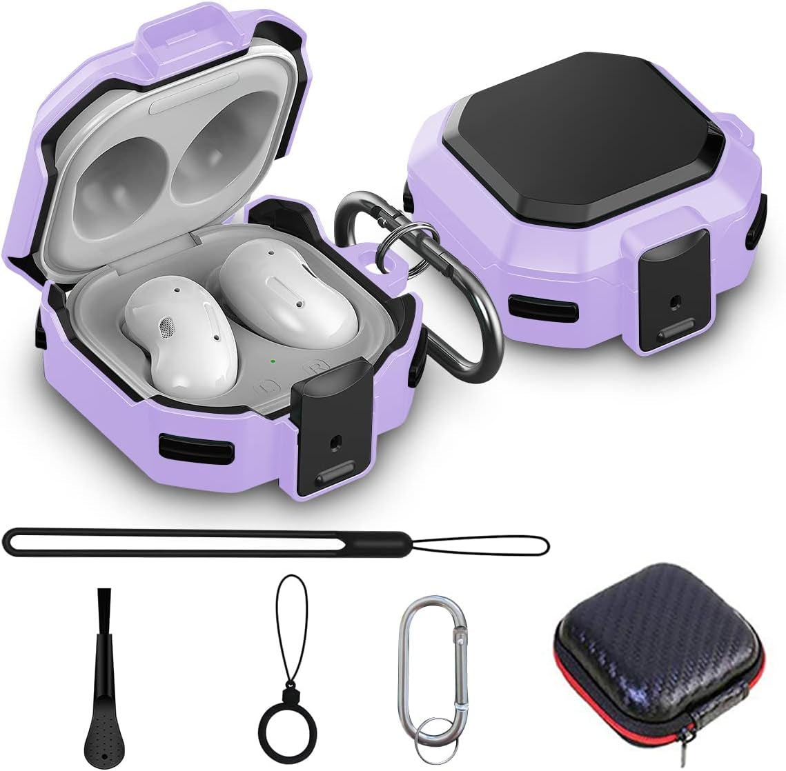 Armor Cover Case for Samsung Galaxy Buds Pro Case / Galaxy Buds Live Case / Galaxy Buds 2 Case [With Security Lock], Silicone+Hard PC Shockproof Case with Keychain/Straps/Ring/Cleaning Brush(Red)  AIBEAMER Purple  
