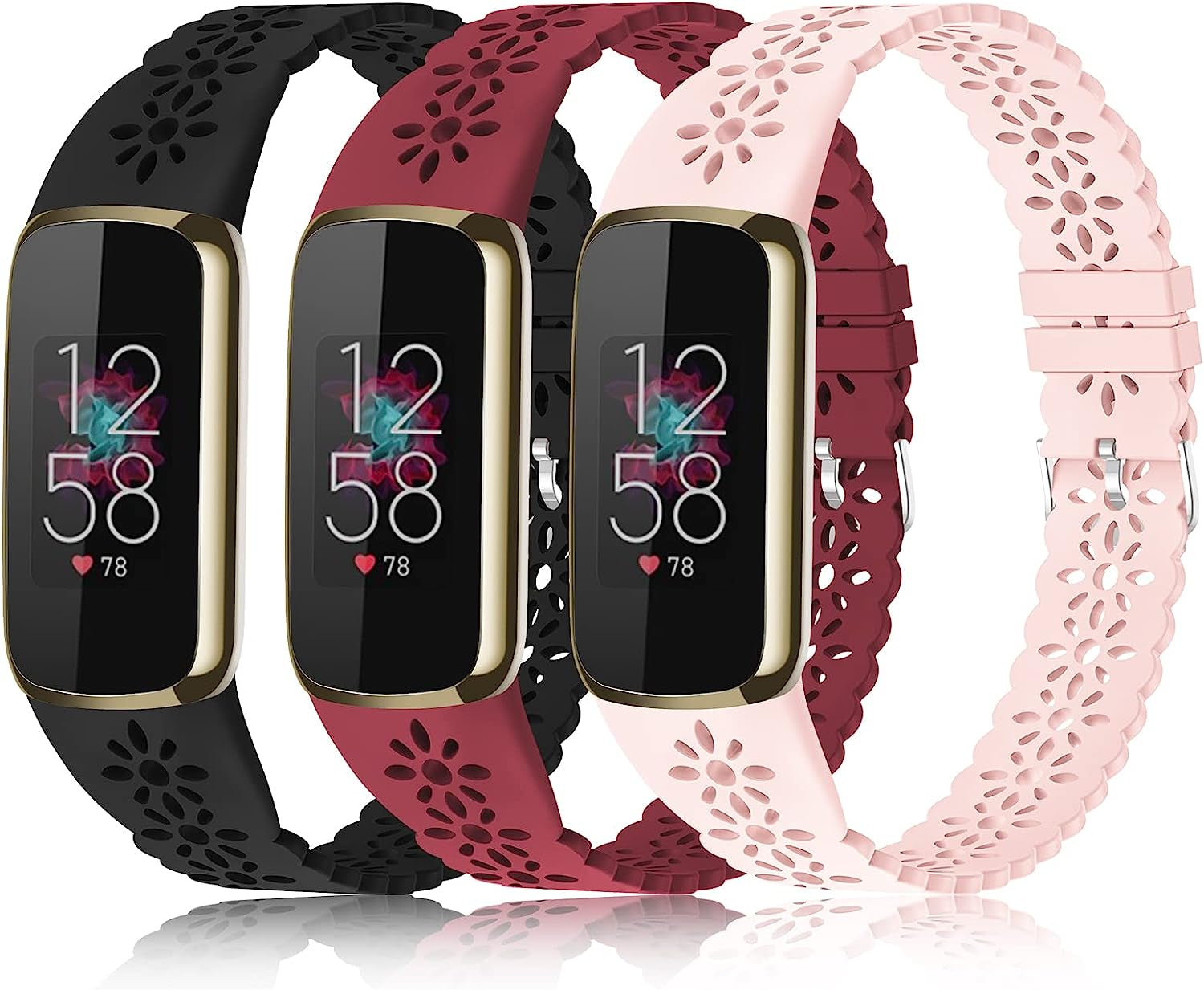 3 Pack Slim Sport Bands Compatible with Fitbit Luxe Band for Women, Soft Silicone Lace Thin Hollow-Out Replacement Wristbands Breathable Bands for Fitbit Luxe Fitness Smart Watch  Wewatri C-Black/Wine Red/Pink Suits for 5.6"-7.1" Wrists 