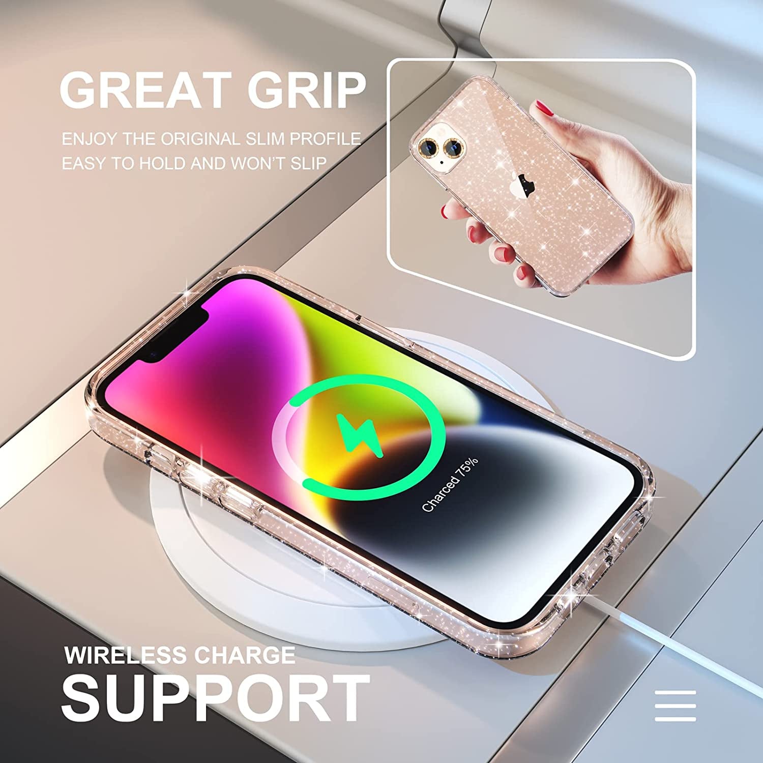 Choiche Compatible for Iphone 14 Case Cute, Women Clear Glitter Bling Sparkly Case, [2 X Diamond Camera Lens Protectors] [2 X Tempered Glass Screen Protectors] 6.1-Inch (Glitter Gold)  Choiche   