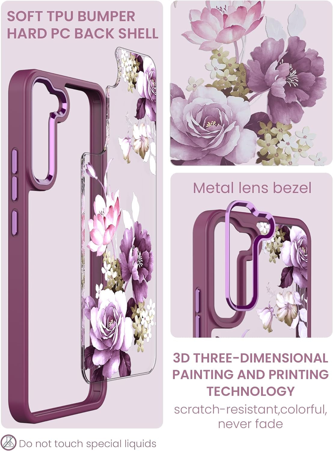 Dretal for Samsung Galaxy S22 plus 5G Case Floral, Galaxy S22+ Case, Military Grade Drop Tested Hard Back & Soft Edge Slim Flower Women Girls Protective Cover +Tempered Glass Screen Protector (Purple)  Dretal   