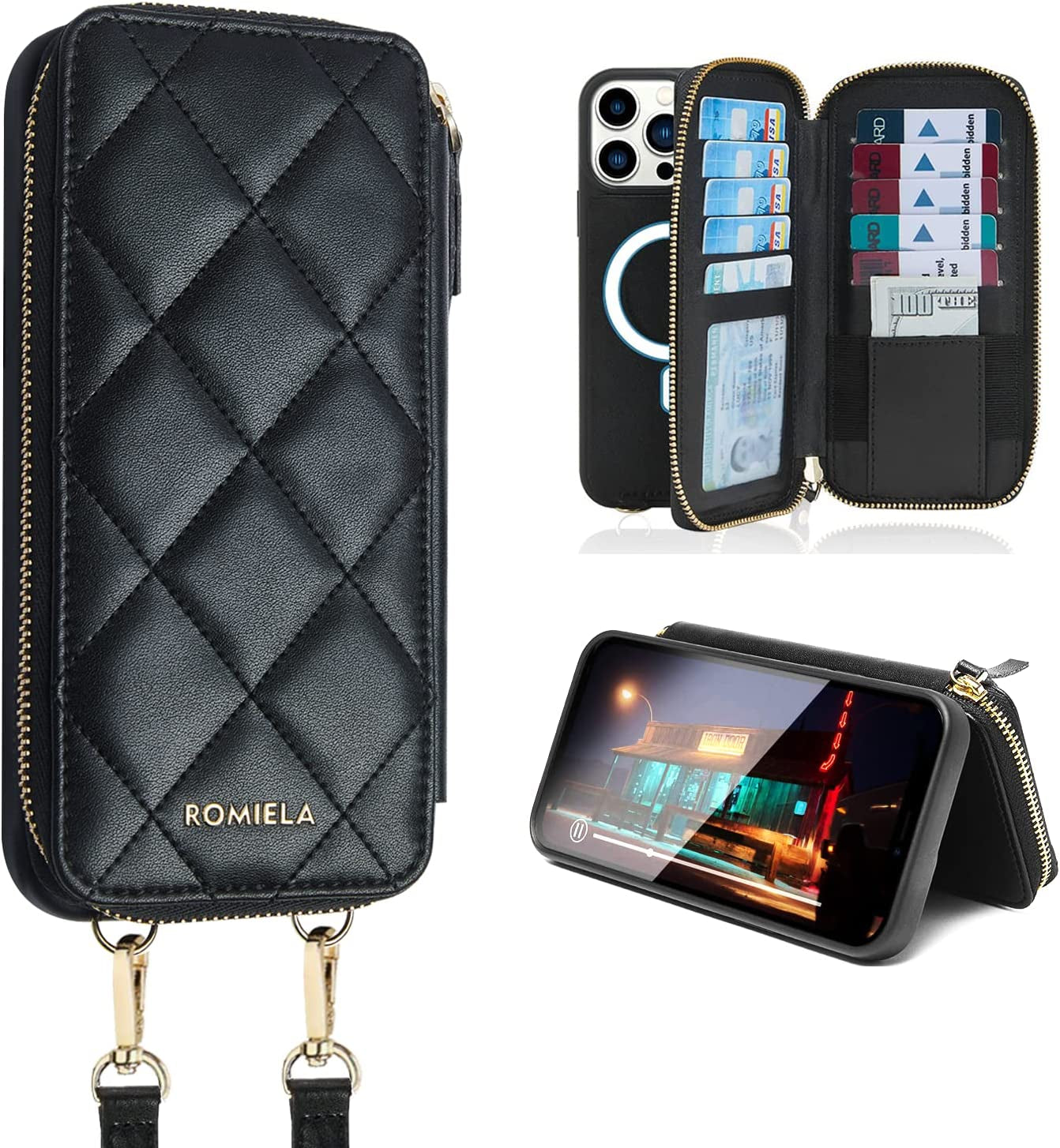 JLFCH Iphone 13 Pro Wallet Case Quilted Leather Women Flip Purse with Crossbody Strap Zipper Support Magsafe Wireless Charging RFID Blocking, ROMIELA Series Iphone 13 Pro 6.1 Inch - Apricot  JLFCH Quilted Black iPhone 14 Pro 