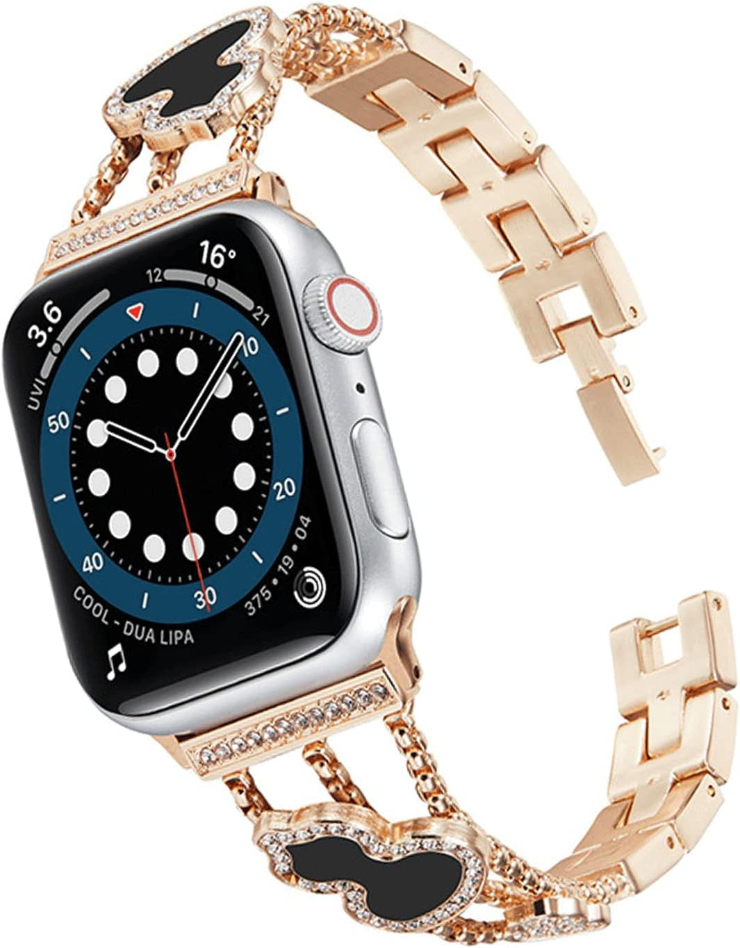 Hi-Yoohere Elegent Stylish Bands Compatible with Apple Watch 38Mm 40Mm 41Mm Chic Butterfly Diamond Rhinestone Metal Wristband Strap for Girls Women Iwatch SE & Series 7/6/5/4/3/2/1  HYHMXB Black Gourd+ Rose Gold Band 42/44/45mm 