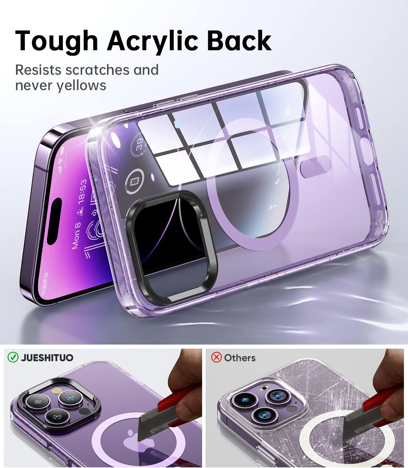 JUESHITUO for Iphone 14 Pro Max Case Magsafe with Glitter Shockproof Buffer Belt [Never Yellow] [10X Military Protection] [Screen Protector & Higher Camera Cover] Magnetic Clear Purple Back 6.7 Inch  JUESHITUO   
