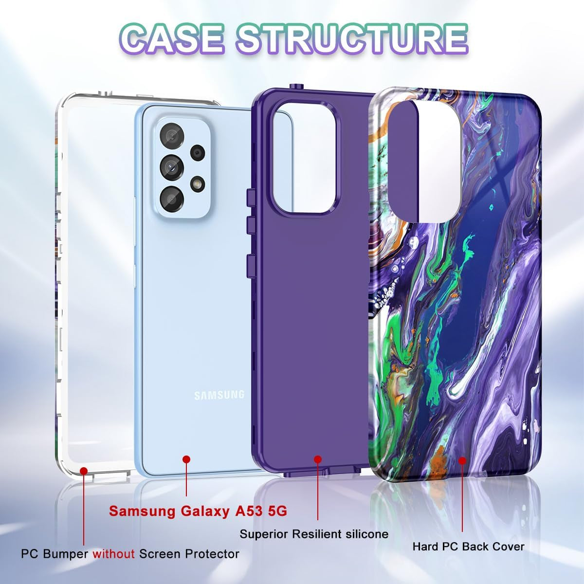 Btscase for Samsung Galaxy A53 5G Case, Marble Pattern 3 in 1 Heavy Duty Shockproof Full Body Rugged Hard Pc+Soft Silicone Drop Protective Women Girl Cover for Galaxy A53 5G,Dreamland River/Purple  Btscase   