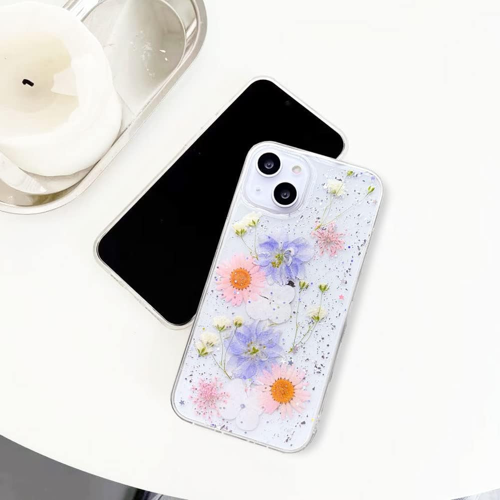 Abbery Designed for Iphone 13 Pressed Flower Case, Cute Clear with Design Soft Silicone Rubber Dried Real Flowers Floral Aesthetic Case for Iphone 13 6.1 Inch (Glitter Blue)  Abbery   