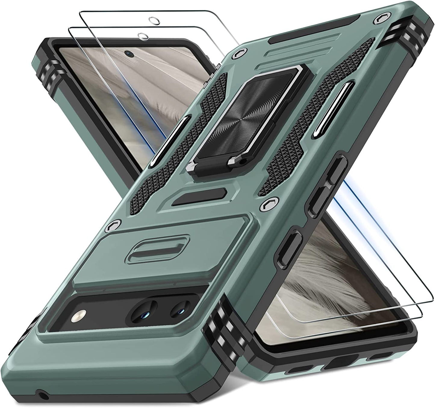 DEERLAMN for Google Pixel 8 Case with Slide Camera Cover+Screen Protector (1 Pack), Rotated Ring Kickstand Military Grade Shockproof Heavy Duty Protective Cover -Black  DEERLAMN Green Google Pixel 7A 