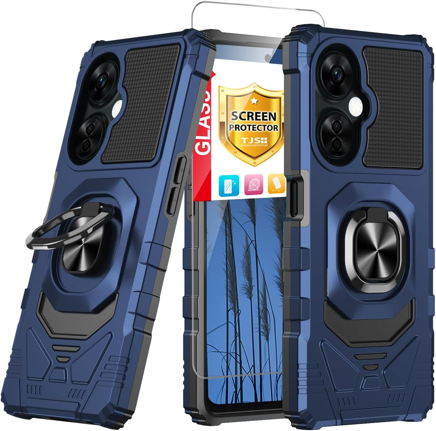 TJS Compatible for Oneplus Nord N30 5G Case, with Tempered Glass Screen Protector, Metal Ring Magnetic Support Kickstand Heavy Duty Drop Protection Cover Phone Case (Green)  TJS Blue  