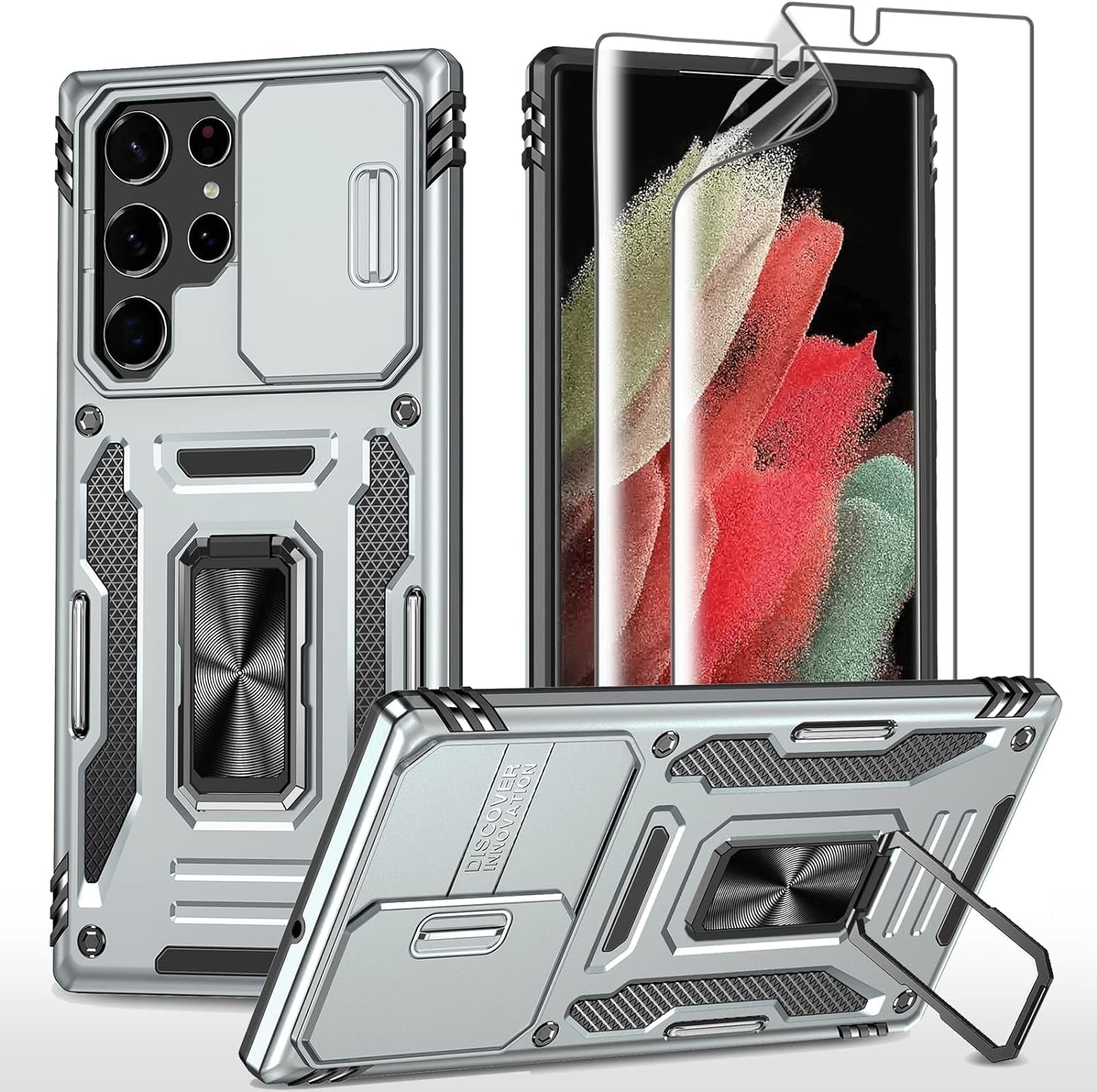 THMEIRA Samsung Galaxy S21 Ultra Case, Armor Phone Case for Samsung S21 Ultra with Screen Protector [Soft 2 Pcs] with Camera Cover, Galaxy S21 Ultra Magnetic Ring Case Anti-Fall Drop Protection, Black  THMEIRA Gray Samsung Galaxy S22 Ultra Case 