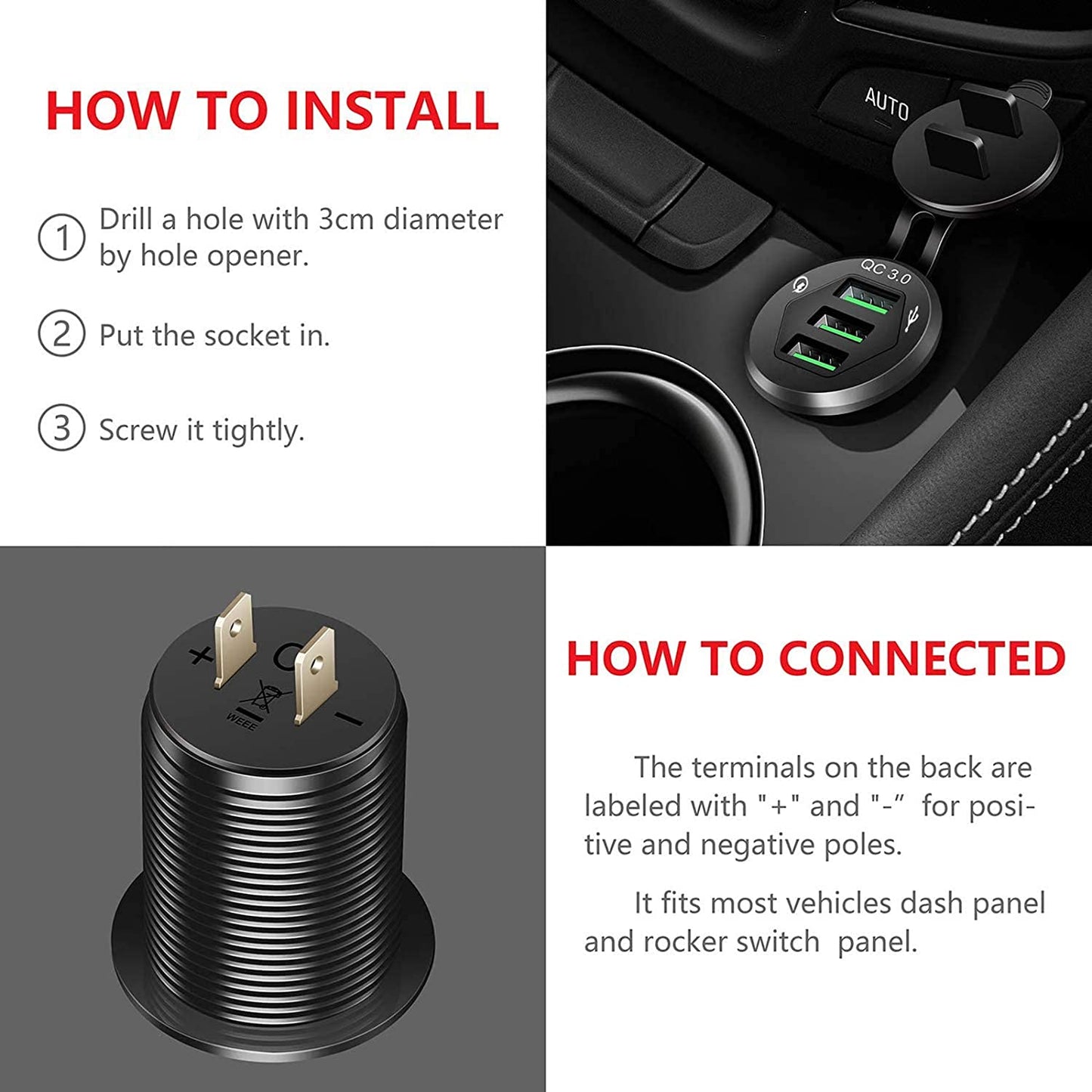 3 USB 3.0 Car Charger, 12V/24V 36W QC3.0 USB Charger Socket, 3 X USB 3.0 Socket Charger USB Outlet Fast Charge with 10A Wire Fuse Aluminum (Black)  Speedcur   