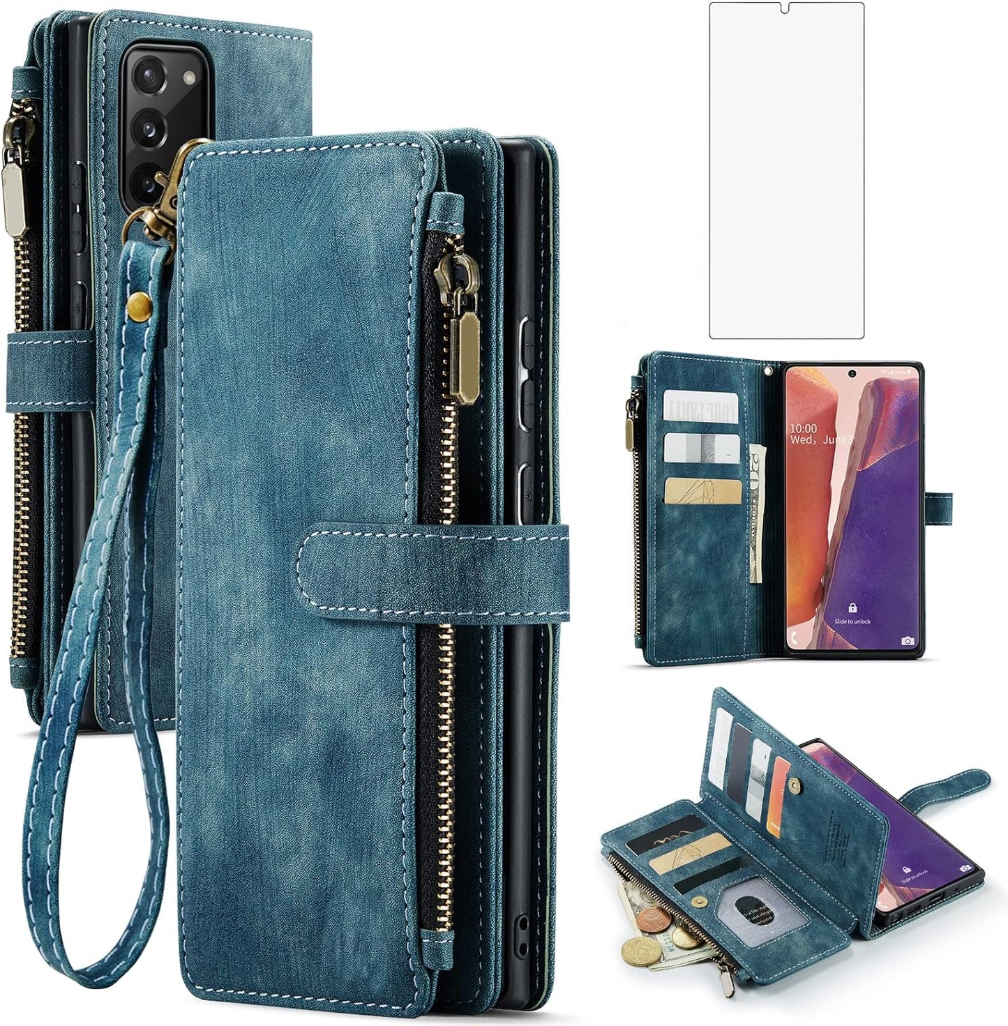 Asuwish Phone Case for Samsung Galaxy Note 20 Glaxay Note20 5G Wallet Cover and Tempered Glass Screen Protector Flip Credit Card Holder Cell Accessories Gaxaly Notes 20S Twenty Not S20 Women Men Brown  Asuwish Blue For Note 20 / Note 20 5G 