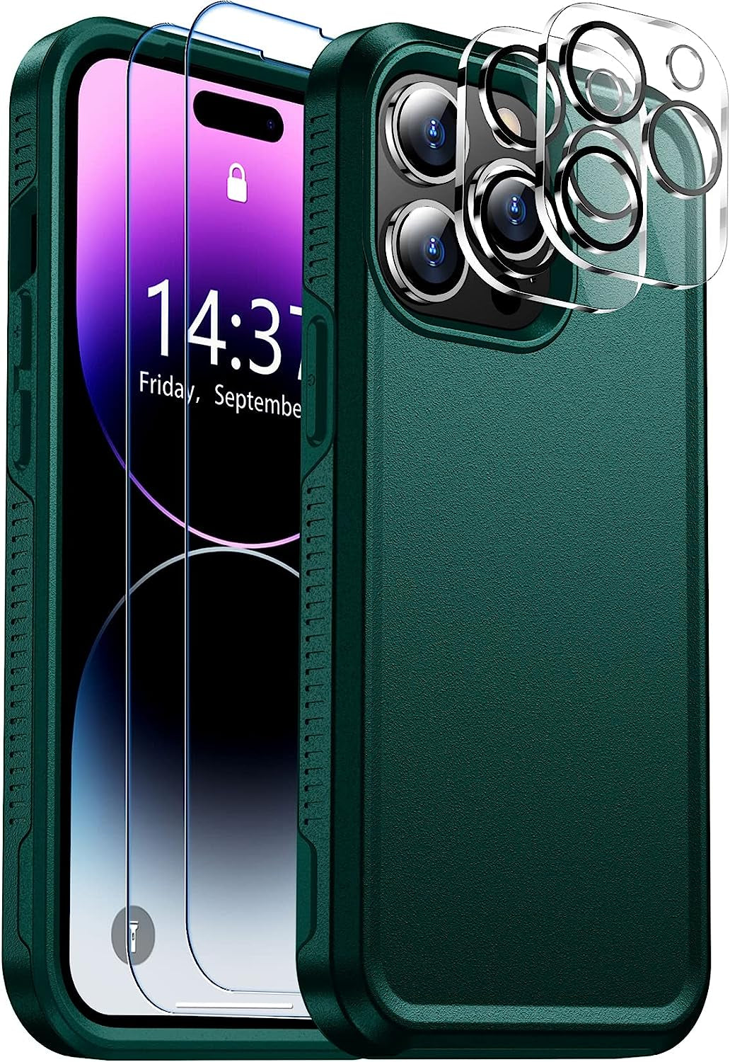 Justcool Designed for Iphone 14 plus Case, [Crystal Clear Not Yellowing] with [2 Pcs Tempered Glass Screen Protectors & 2 Pcs Camera Lens Protector] Slim Thin Protective Phone Case (Clear)  Justcool Gark Green Iphone 14 Pro 