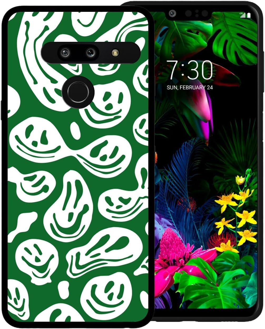 Zaztify Phone Case for LG G8 Thinq, Pastel Pink White Funny Trippy Dripping Smile Melted Hippie Smiling Skull Ghost Face Shockproof Protective Cover Shell  zaztify Dark Green White Trippy Face  