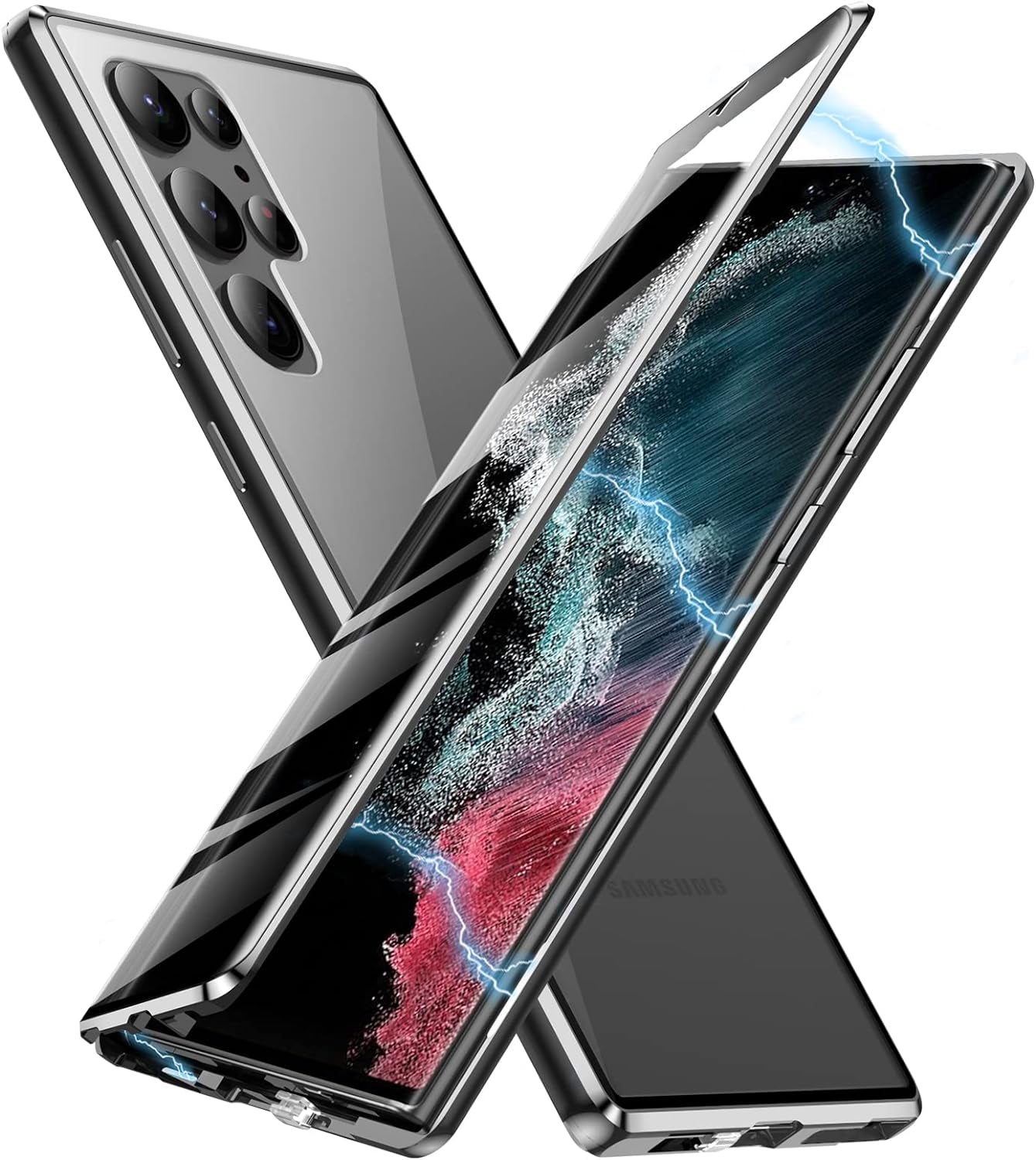 Jonwelsy Case for Samsung Galaxy S22 Ultra, 360 Degree Front and Back Clear Tempered Glass Full Body Protection Magnetic Adsorption Metal Bumper Frame Flip Cover for Samsung Galaxy S22 Ultra (Green)  Jonwelsy Black  