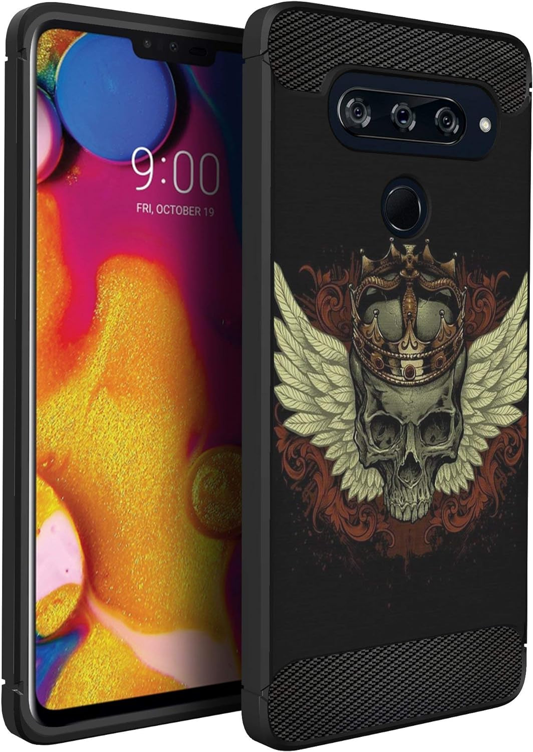 Casesondeck Slim Case Compatible with [LG V40 Thinq] Thin Scratch Preventing TPU, Matte Finish Carbon Fiber Texture Edges (Flower Skull)  CasesonDeck Winged Skull  