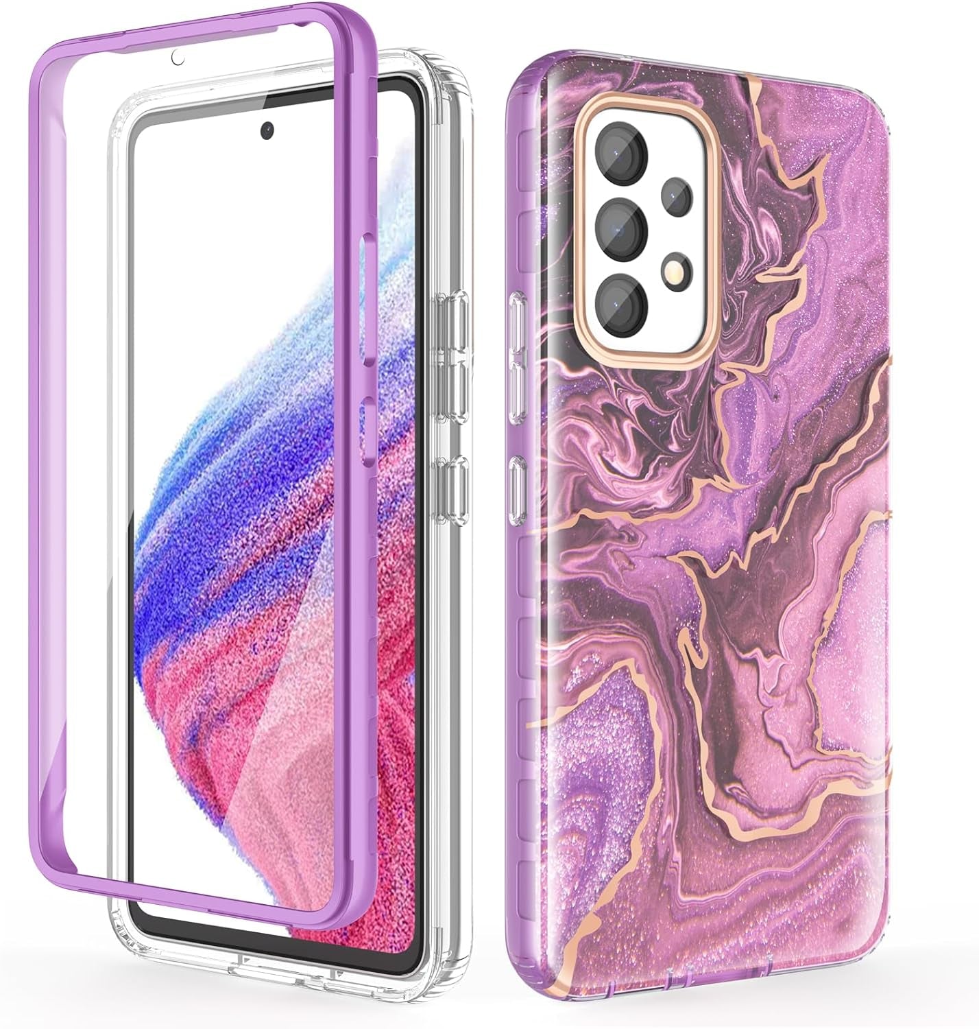 Chvelop Case Compatible with Samsung Galaxy A53 5G (2022 Released), Marble Stylish Slim Soft TPU, Full Body Protective with Built-In Screen Protector, Shockproof Cover for A53, 6.5 In, River/Purple  Chvelop Lavender/Purple Samsung Galaxy A53 5G 
