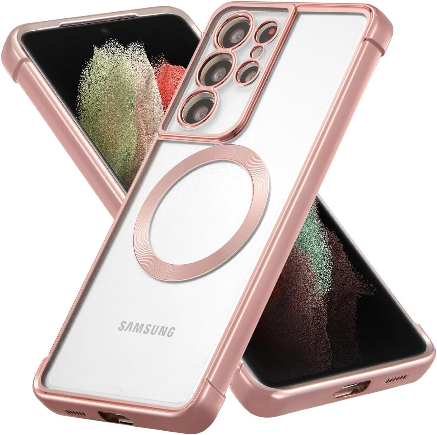 RALEAVO Magnetic Case for Samsung Galaxy S21 Ultra Clear Case Cover [Compatible with Magsafe & Military Grade Drop Protection] Transparent Shockproof Slim Plated Phone Case - Gold  RALEAVO Pink  