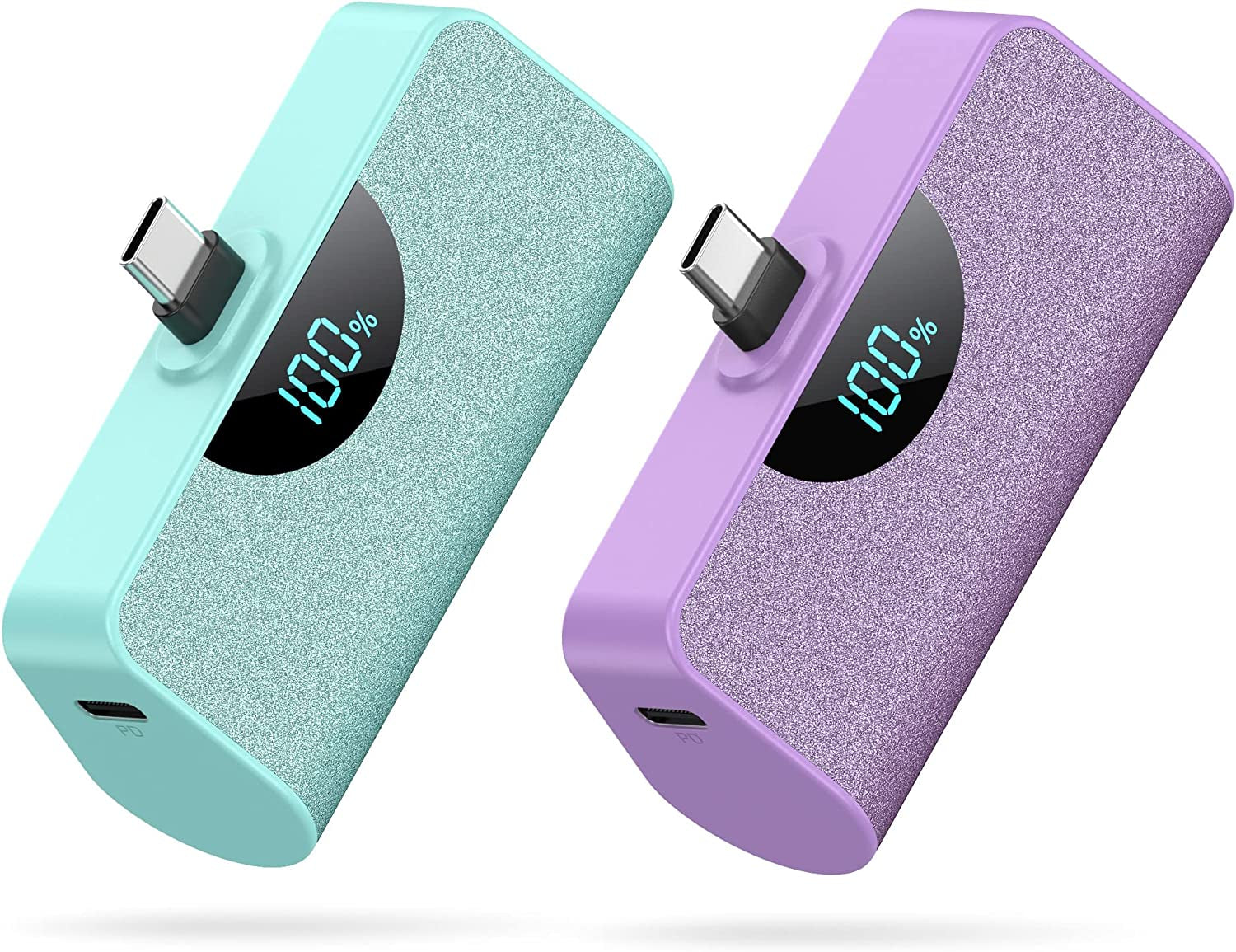 [2 Pack] Mini Portable Charger USB-C Power Bank 5200Mah,Lcd Display 15W PD Fast Charging Battery Pack Backup Charger Compatible with Samsung Galaxy S22/S21/S10/S9,Note 20/10,Moto,Lg,Android Phones Etc  Dongguan Yuanhaoxun Technology Co., Ltd Green+Purple  