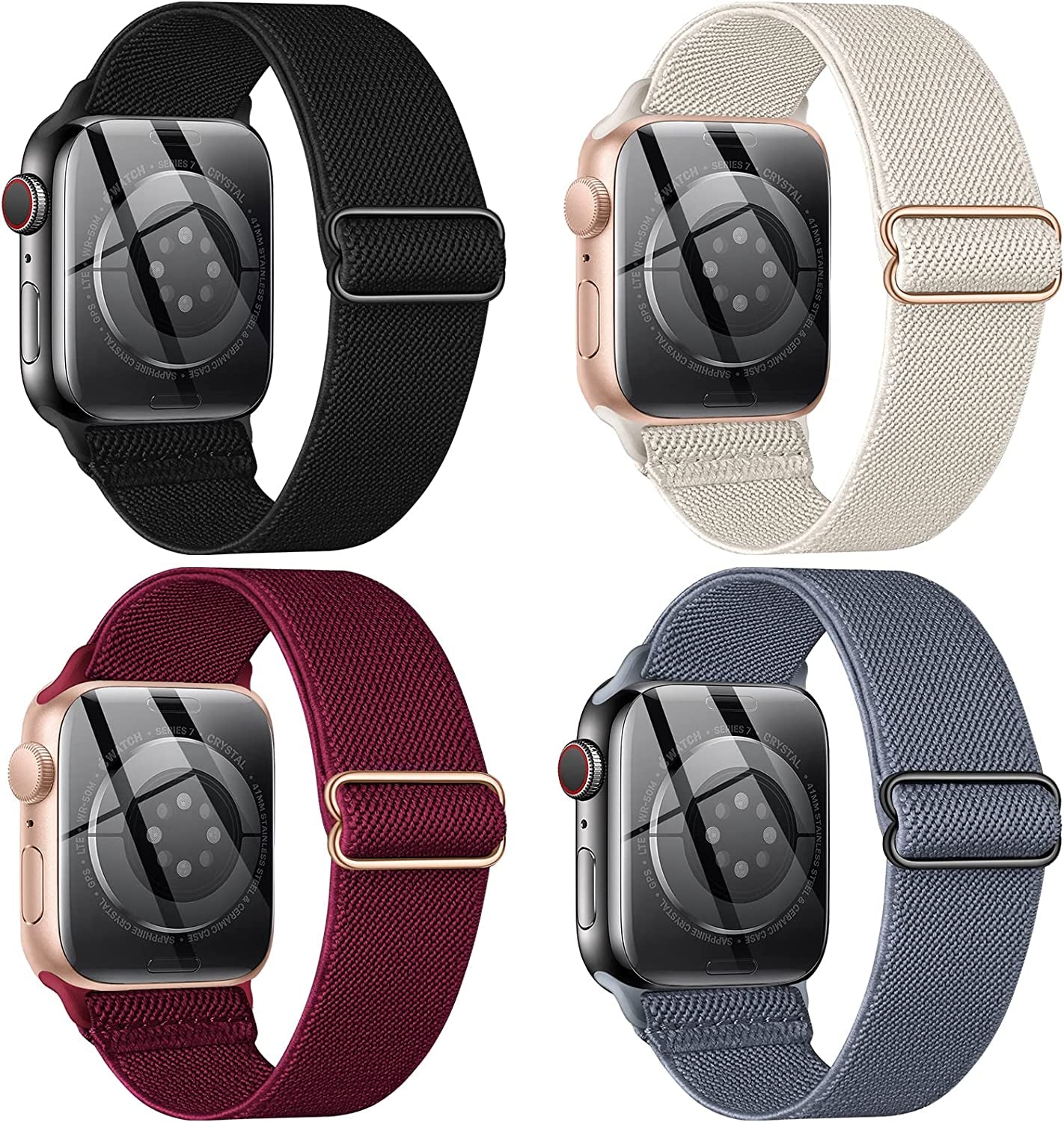 CTYBB 4 Pack Stretchy Nylon Solo Loop Bands Compatible with Apple Watch 40Mm 38Mm 44Mm 49Mm 45Mm 42Mm 41Mm, Adjustable Braided Elastic Sport Straps Womens Men Wristbands for Iwatch Series 8 7 6 5 4 3 2 1 SE Ultra  CTYBB Black/Starlight/Wine/BlueGray 41mm/40mm/38mm 