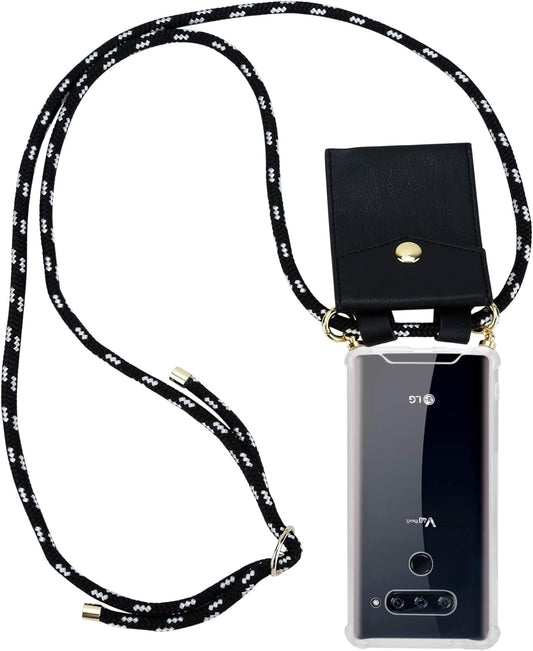 Cadorabo Necklace Case Compatible with LG V40 in Black Silver - Transparent TPU Silicone Cover with Golden Rings, Sling Strap and Removable Etui  Cadorabo   