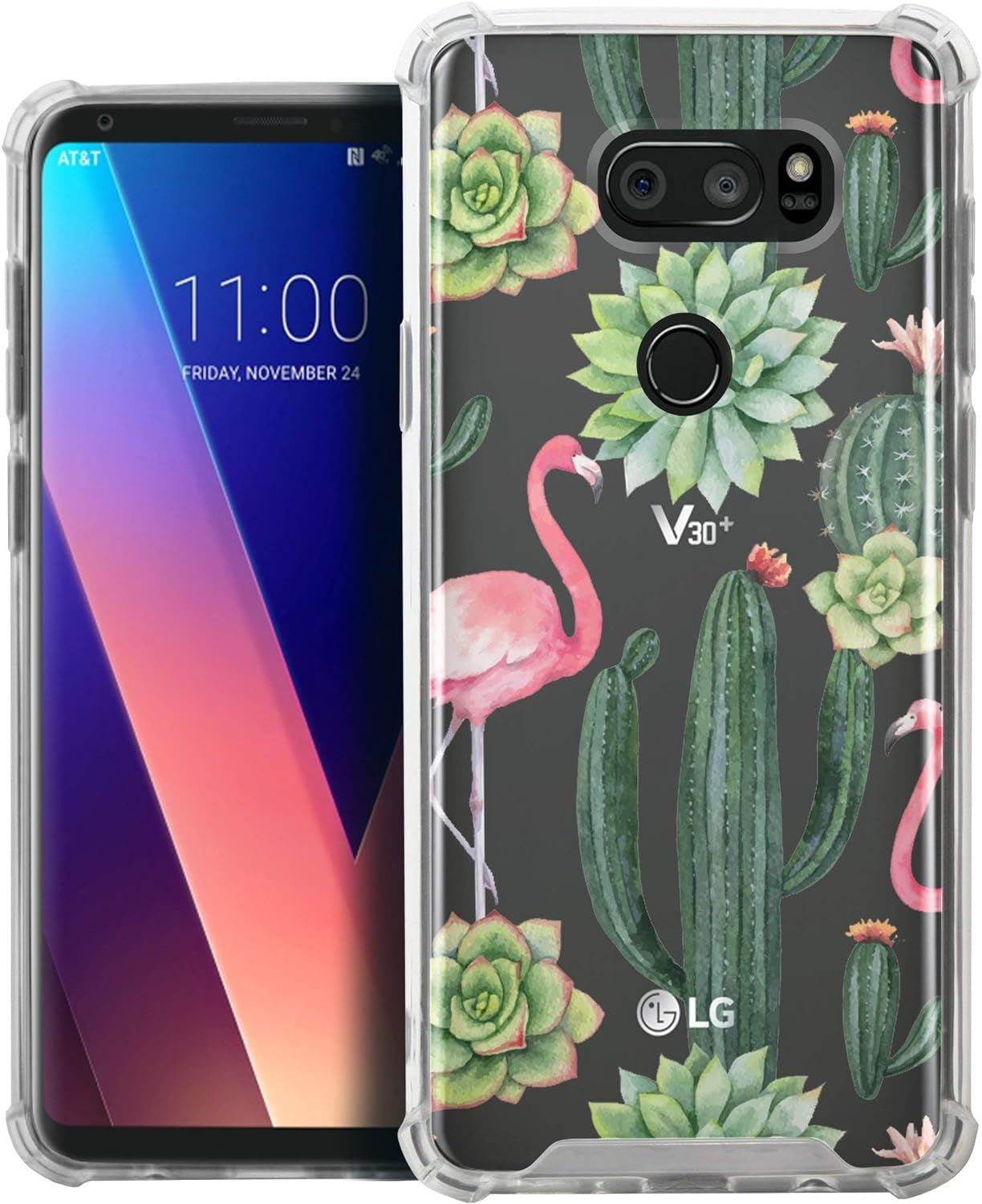 Casesondeck Crystal Case Compatible with [LG V30S Thinq and LG V30] Thin Slim Anti-Slip Grip Case with Bumper Edges Hard Back (Flamingo Cactus)  CasesonDeck   
