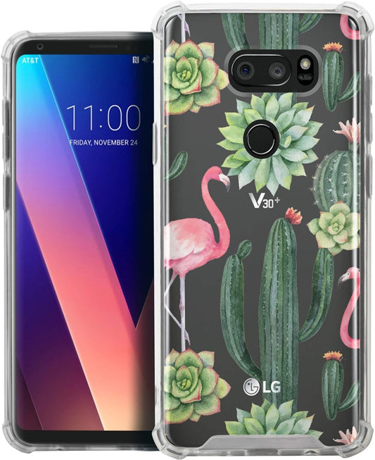 Casesondeck Crystal Case Compatible with [LG V30S Thinq and LG V30] Thin Slim Anti-Slip Grip Case with Bumper Edges Hard Back (Flamingo Cactus)  CasesonDeck   
