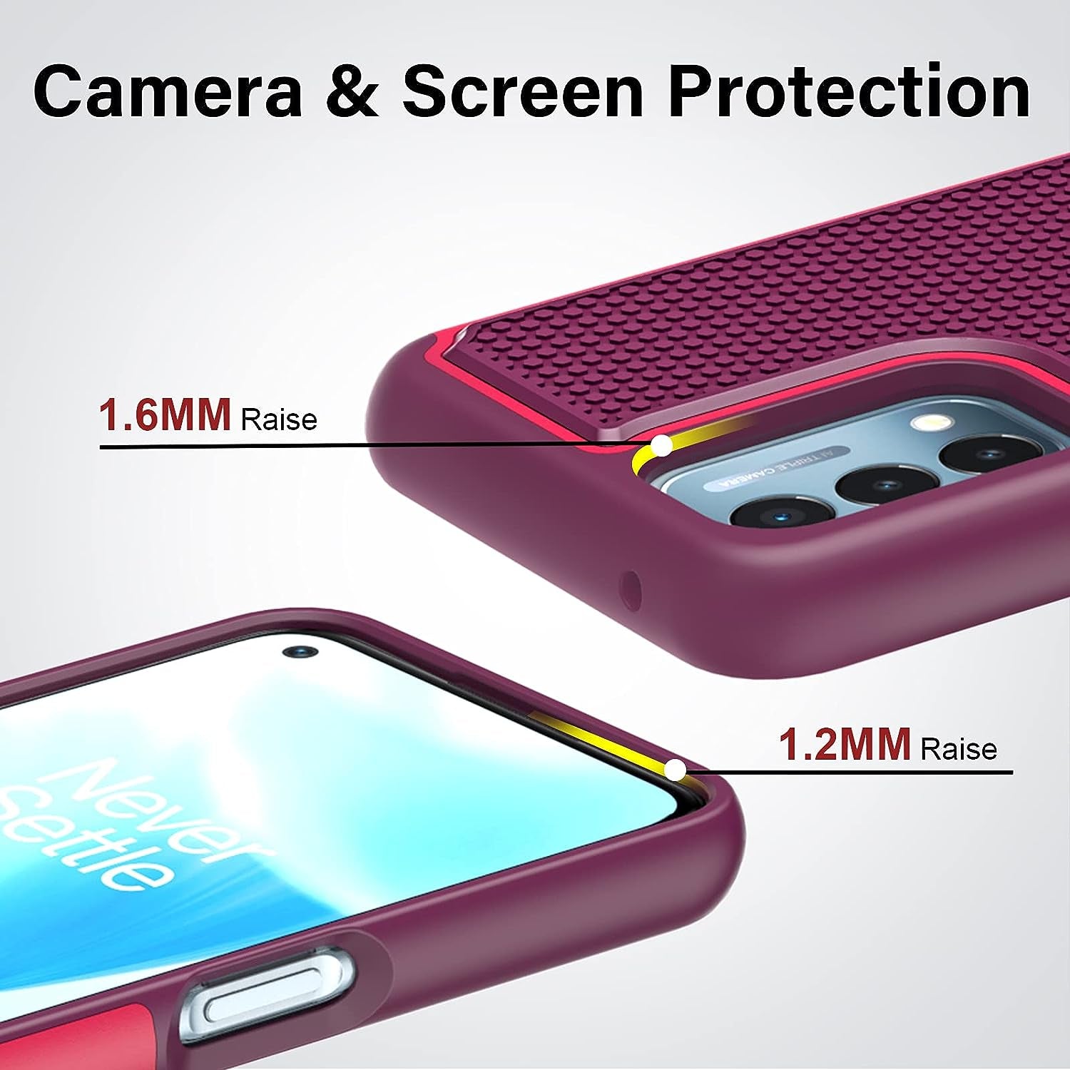 NTZW for Oneplus Nord N200 5G Case: Heavy Duty Shockproof Protective Phone Case [2 Tempered Glass Screen Protector] Anti-Slip Textured Hard Cover + Soft Silicone Bumper, Military Armor Case - Burgundy  yanshichuang   