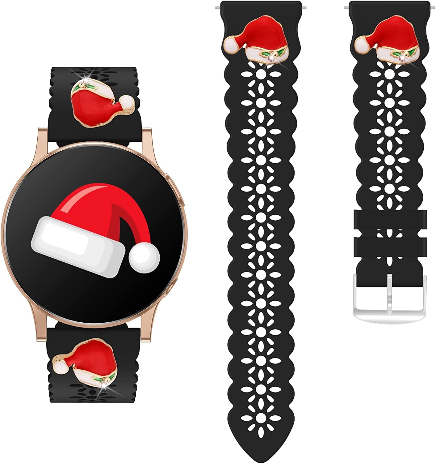 Lace Silicone Band 20Mm Compatible for Samsung Galaxy Watch 4 40Mm 44Mm/Watch 3 41Mm/Active 2 Watch Bands 40Mm 44Mm/Watch 4 Classic 42Mm 46Mm, Slim Bands Soft Smartwatch Strap for Women(Black)  Seizehe Black with Christmas hat charms  