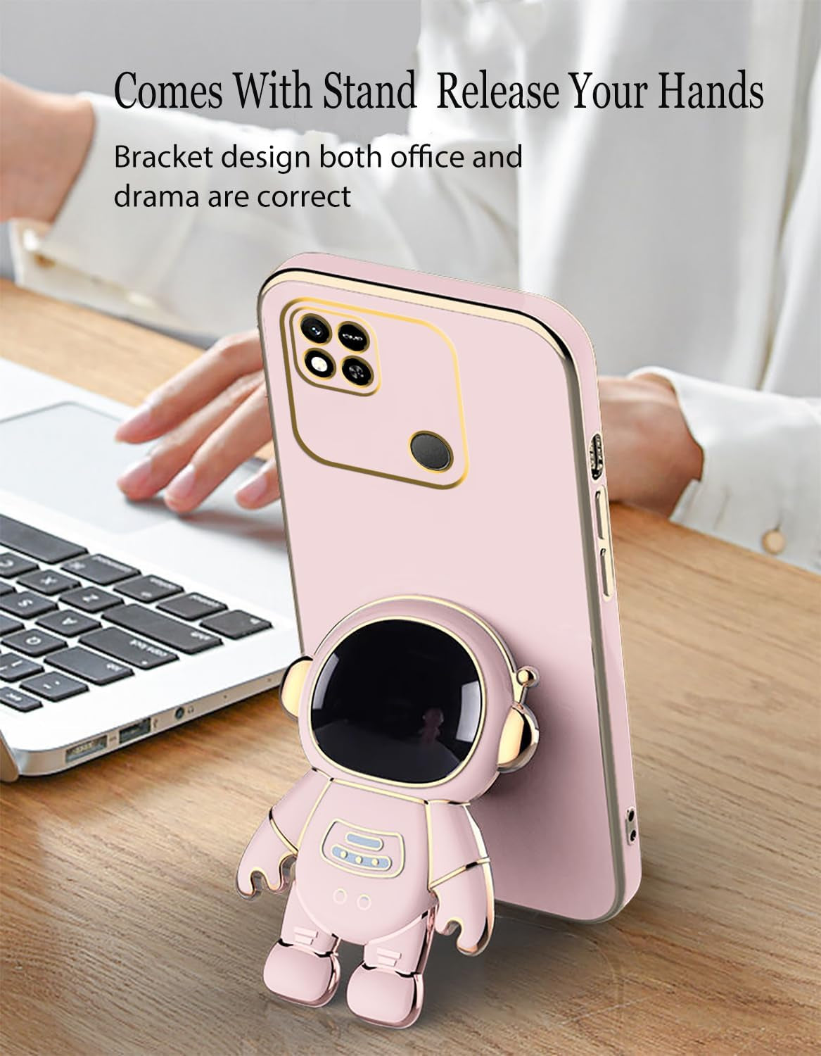 Compatible with Redmi 10A Case with Plating Creative Astronaut Cartoon Holder Pink, Xiaomi Redmi 10A Phone Case Silicone Shockproof Stand Soft TPU Protective Slim Cover (Pink) …  Wousunly   