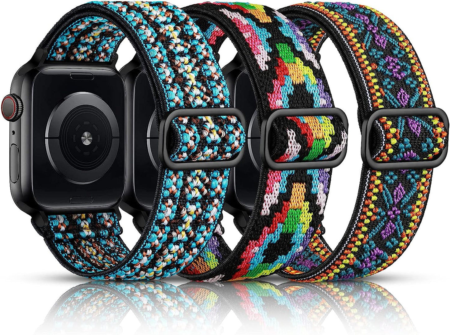 Daqin 3 Pack Stretchy Nylon Solo Loop Band Compatible with Apple Watch Band 41Mm 45Mm 38Mm 40Mm 42Mm 44Mm 49Mm, Adjustable Elastic Braided Straps for Apple Watch Ultra Iwatch Series 8/7/6/5/4/3/2/1/SE  Ylire-US Boho Green/Aztec Purple/Boho Color 42mm/44mm/45mm/49mm 