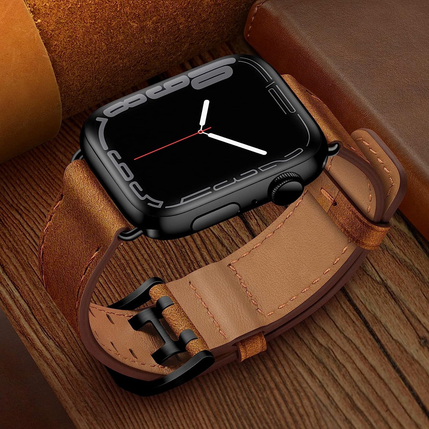 OUHENG Leather Bands Compatible with Apple Watch Band 49Mm 45Mm 44Mm 42Mm, Genuine Leather Replacement Band Strap Wristband for Iwatch Ultra Series 8 7 6 5 4 3 2 1 SE2 SE Men Women, Retro Brown/Black  OUHENG   