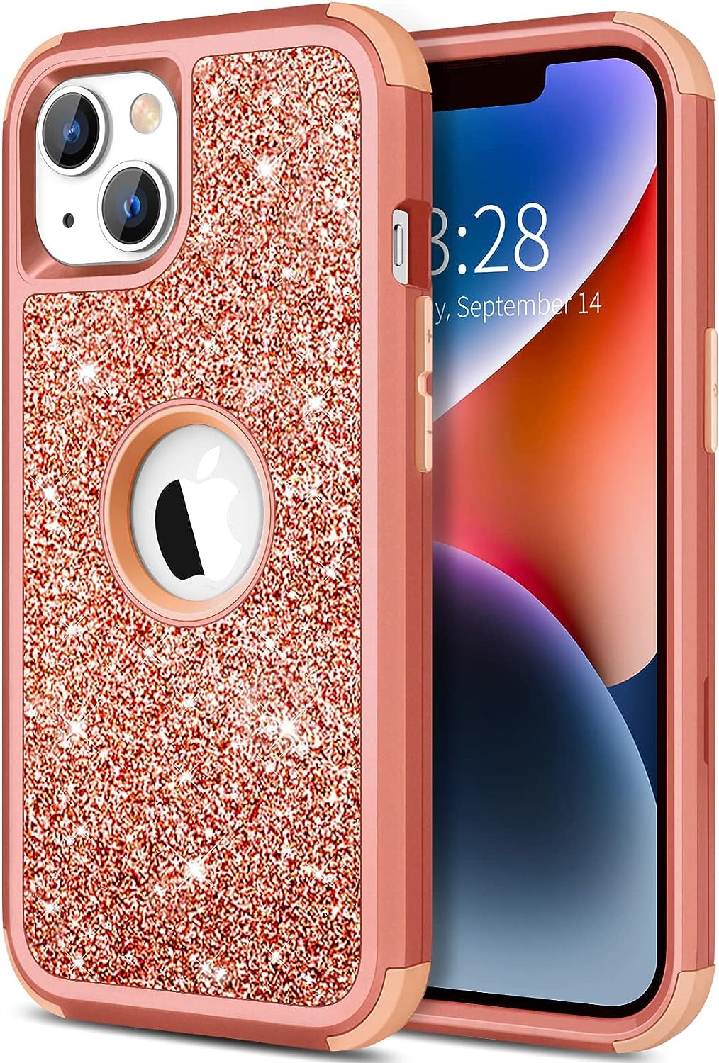 Hython for Iphone 14 plus Case, Heavy Duty Full-Body Defender Protective Phone Cases Glitter Bling Sparkle Hard Shell Hybrid Shockproof/Drop Proof 3-Layer Military Rubber Bumper Cover for Women Girls  Hython Orange  