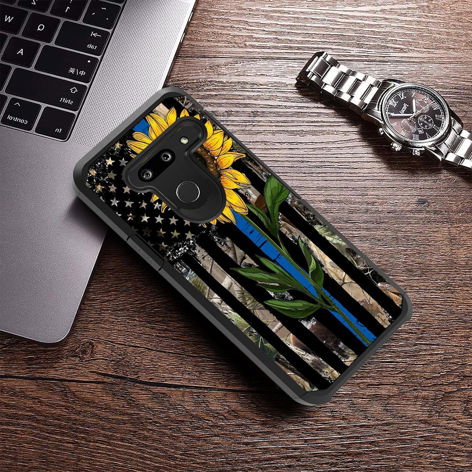 FQTBCEARI Case for LG G8 Thinq/Lg G8S Thinq/Lg G8, 2 in 1 Hybrid Hard PC & Soft Silicone Heavy Duty Dual Layer Shockproof Full-Body Protection Case, Sunflower Thin Blue Line American Flag  chatham   