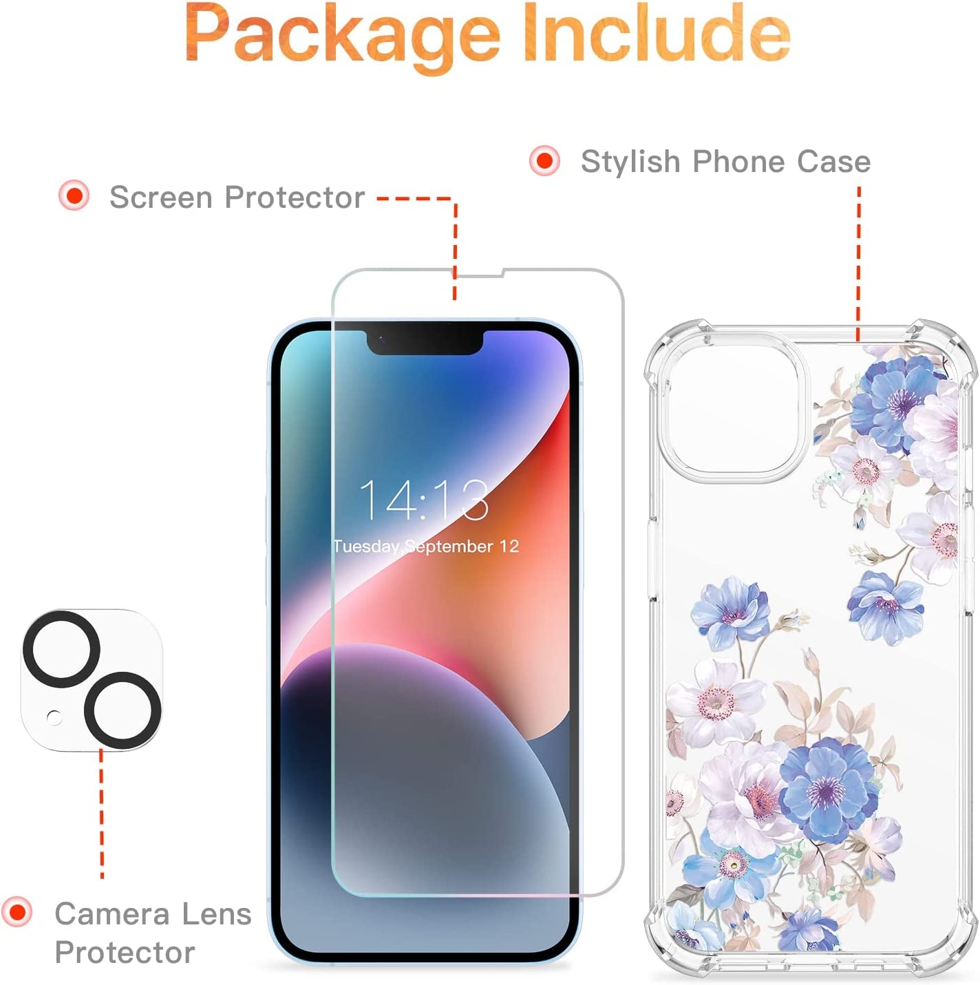 GVIEWIN Compatible with Iphone 14 Case with Screen Protector+Camera Lens Protector, Soft Shockproof Clear Floral Phone Protective Cover for Women, Flower Pattern Design 6.1" (Alyssum/Blue)  GVIEWIN   
