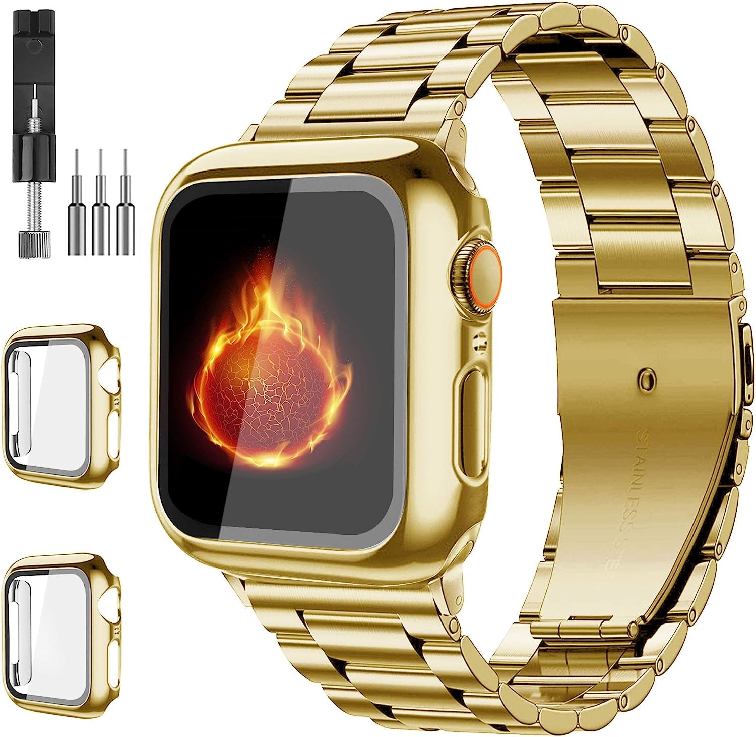 Bekomo Compatible with Apple Watch Band 49Mm 44Mm 45Mm 42Mm 40Mm 38Mm 41Mm, Stainless Steel Metal XL Large Iwatch Bands with 2 Pack Tempered Glass Screen Case for Series Ultra 8/7/6/5/4/3/2/1/SE for Men  Bekomo Gold 38mm 