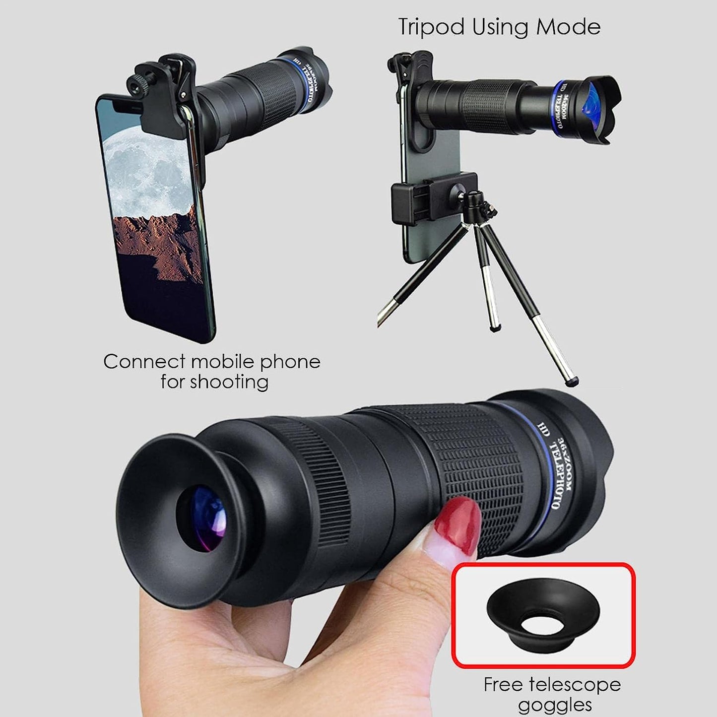 YOUGE 36X HD Telephoto Lens, Phone Camera Lens Kit, Phone Telescope with Tripod Eyemask Storagebag, Mobile Phone Lens Telescope, Blue  YOUGE   